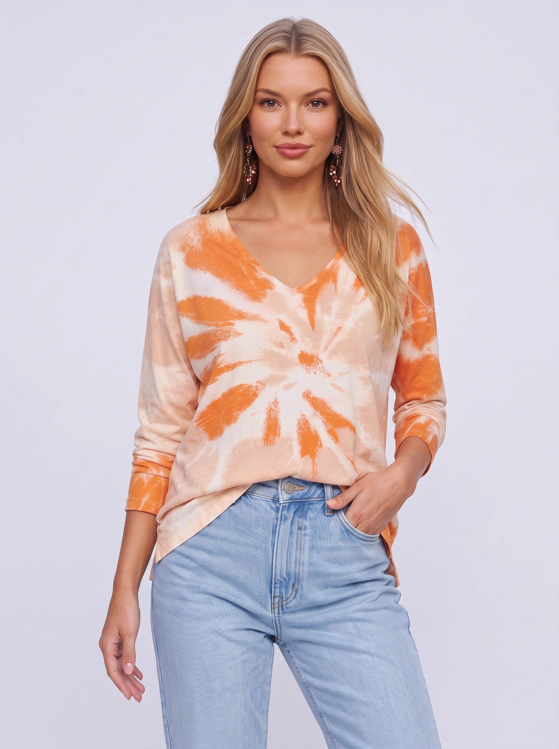 Sunray Oversized V-Neck Blouse – Tie-Dye Long Sleeve Women Casual Slouchy Relaxed Fit Shirts Tops