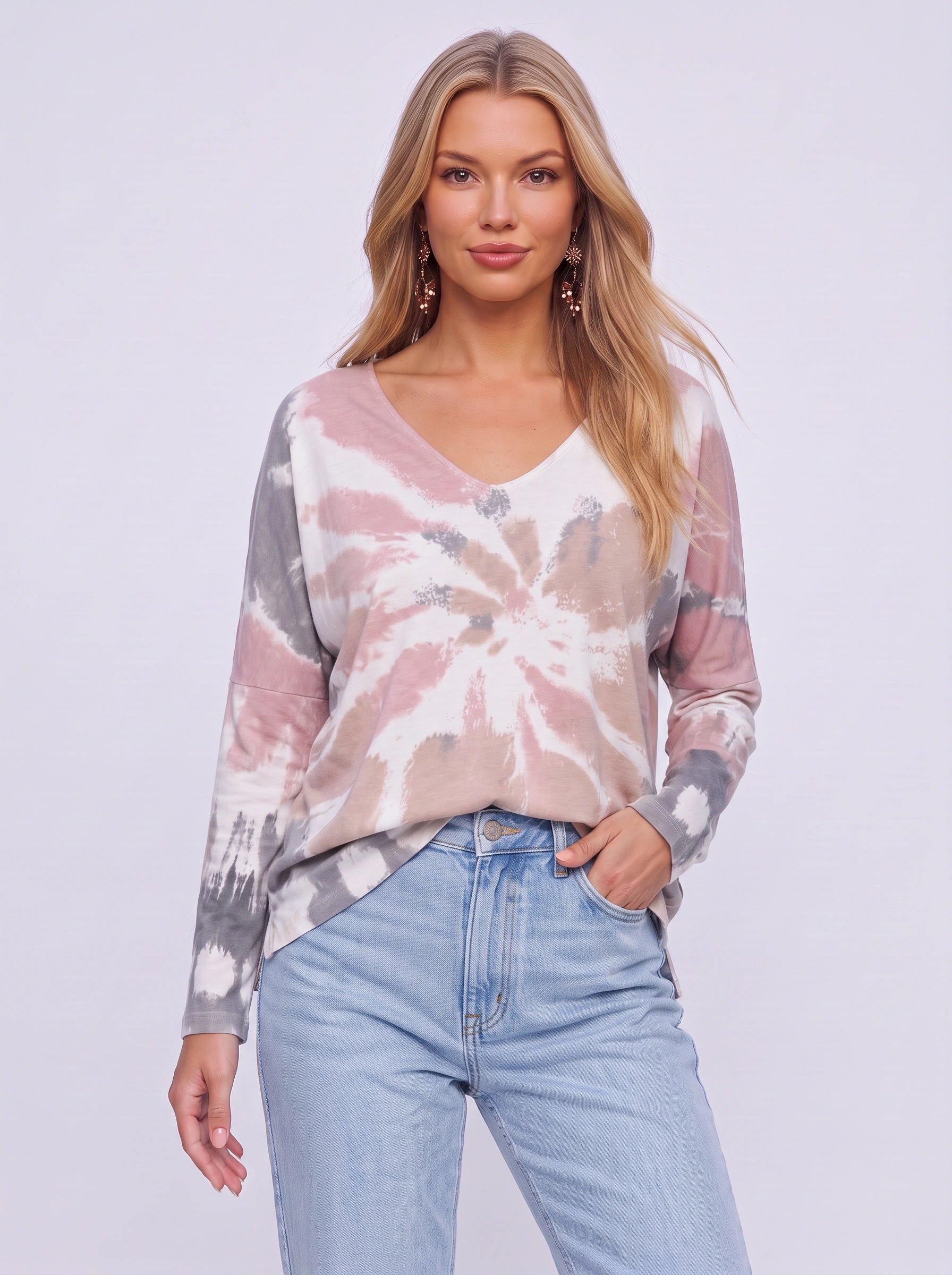 Sunray Oversized V-Neck Blouse – Tie-Dye Long Sleeve Women Casual Slouchy Relaxed Fit Shirts Tops