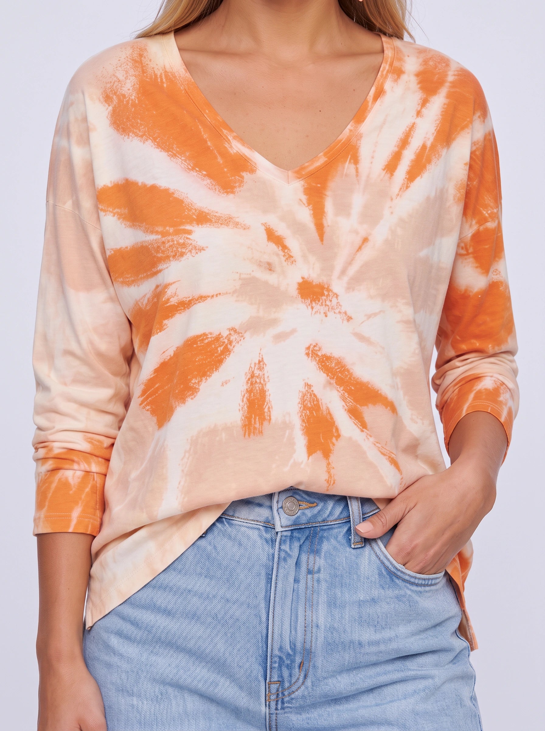 Sunray Oversized V-Neck Blouse – Tie-Dye Long Sleeve Women Casual Slouchy Relaxed Fit Shirts Tops