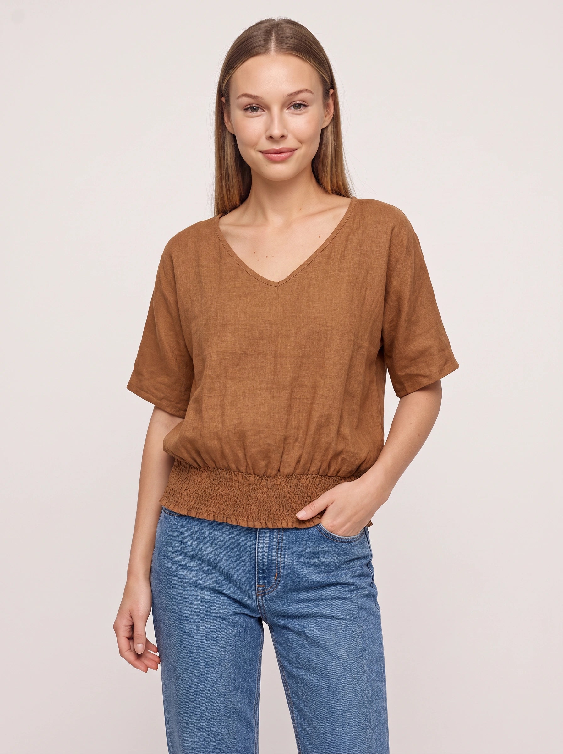 Shirren V-Neck Smocked Hem Top – Relaxed Women Casual Boho Blouse Oversized Short Sleeve Shirts Tops