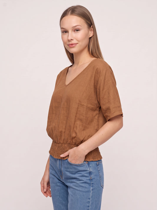 Shirren V-Neck Smocked Hem Top – Relaxed Women Casual Boho Blouse Oversized Short Sleeve Shirts Tops