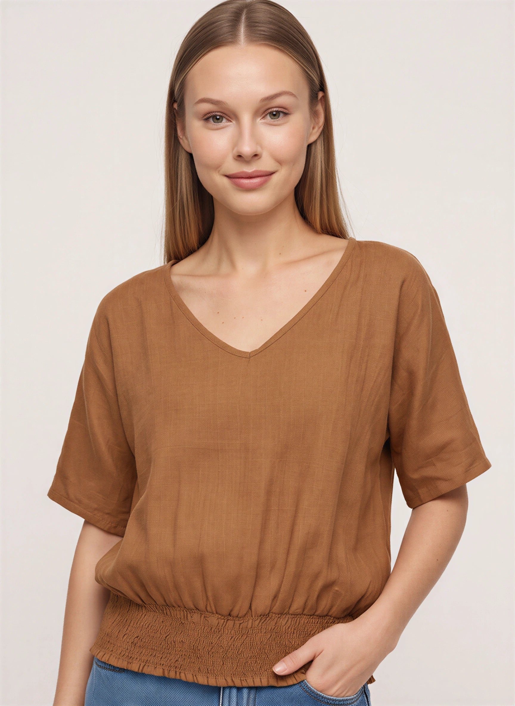 Shirren V-Neck Smocked Hem Top – Relaxed Women Casual Boho Blouse Oversized Short Sleeve Shirts Tops