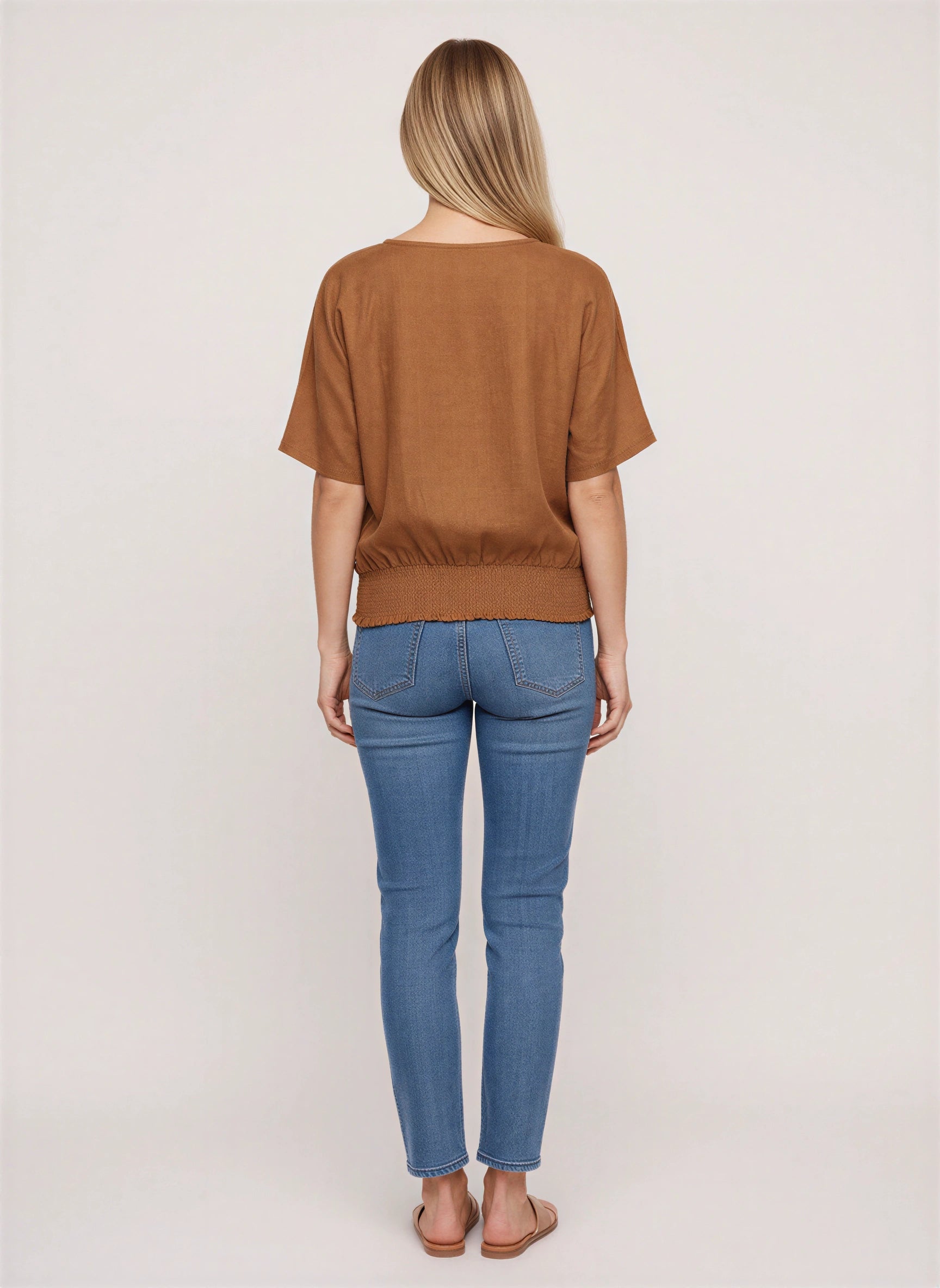 Shirren V-Neck Smocked Hem Top – Relaxed Women Casual Boho Blouse Oversized Short Sleeve Shirts Tops
