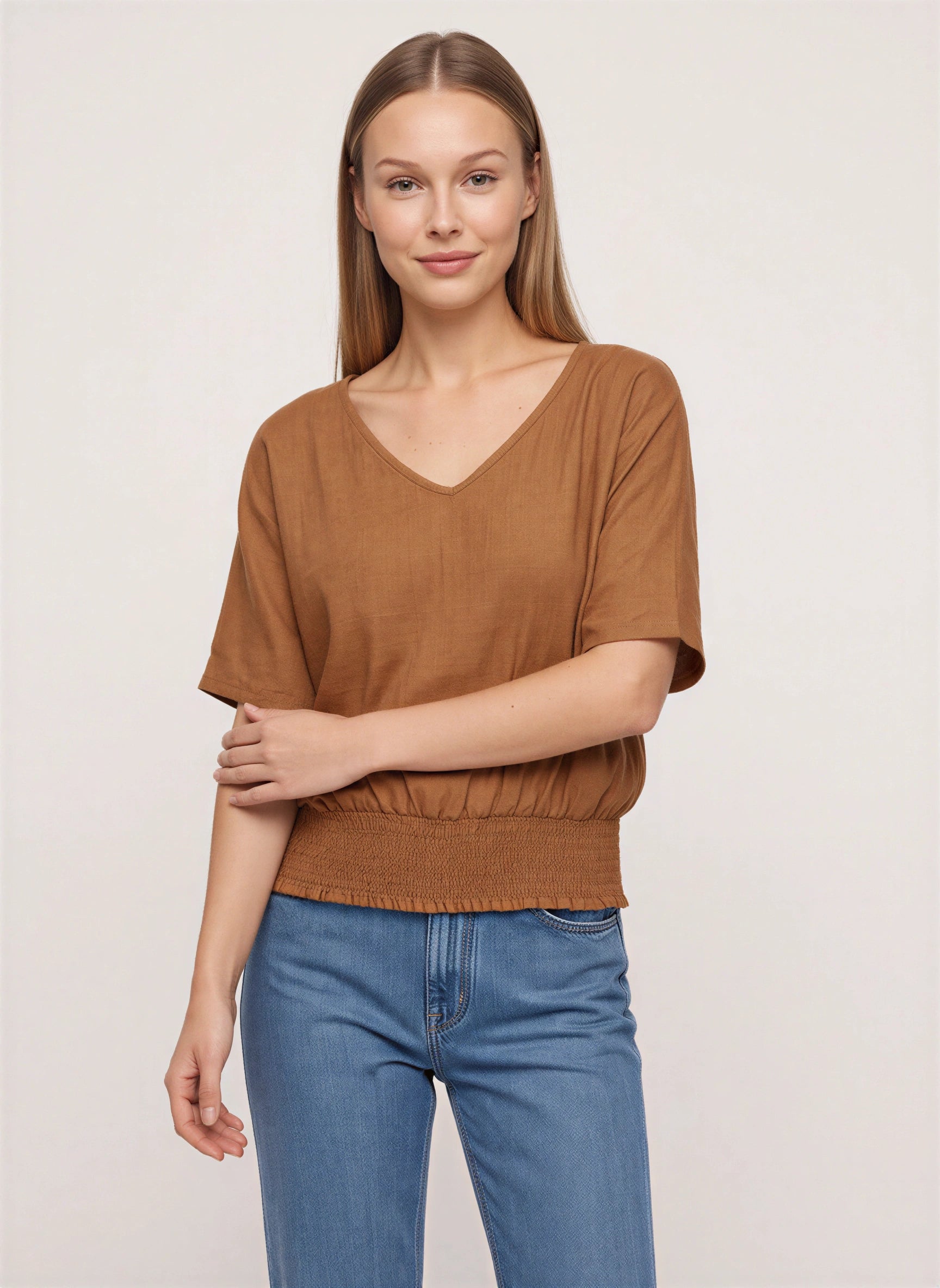 Shirren V-Neck Smocked Hem Top – Relaxed Women Casual Boho Blouse Oversized Short Sleeve Shirts Tops