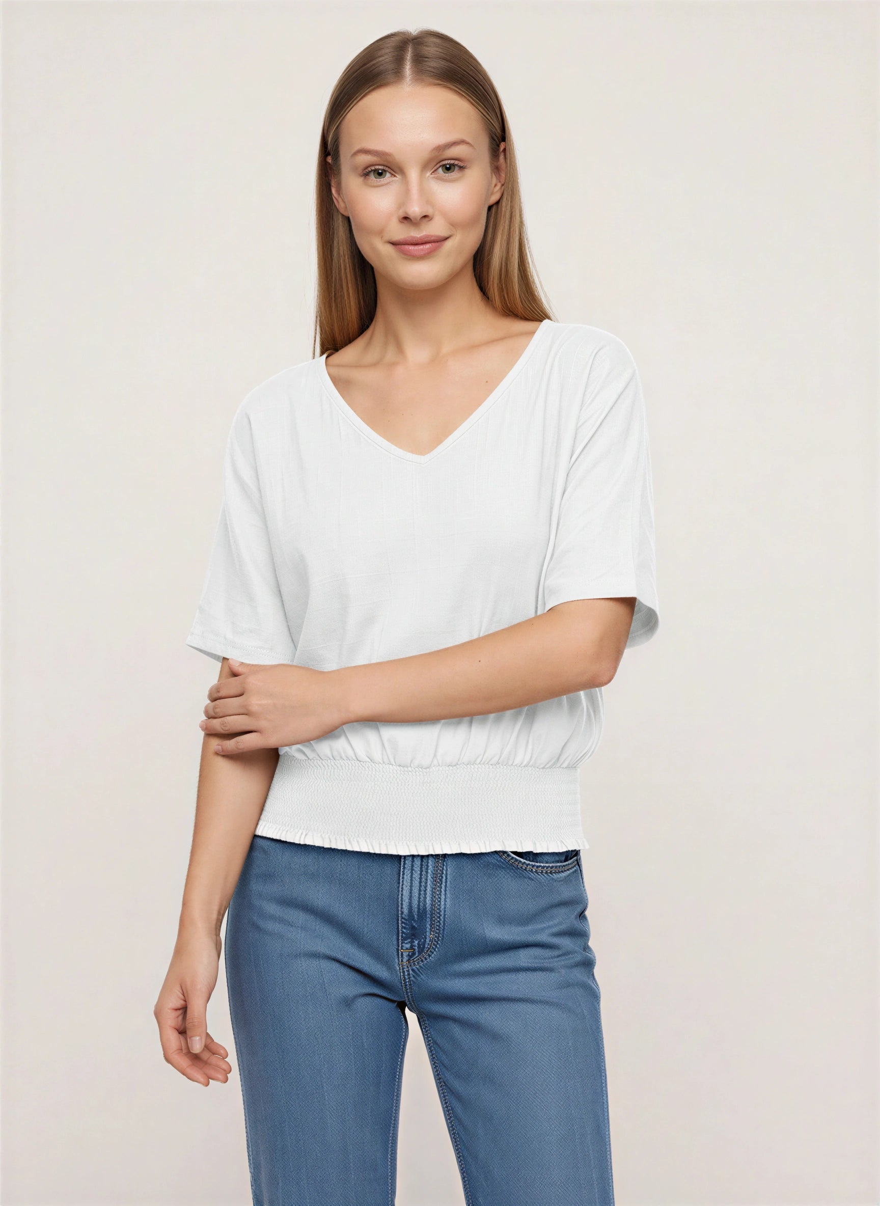 Shirren V-Neck Smocked Hem Top – Relaxed Women Casual Boho Blouse Oversized Short Sleeve Shirts Tops