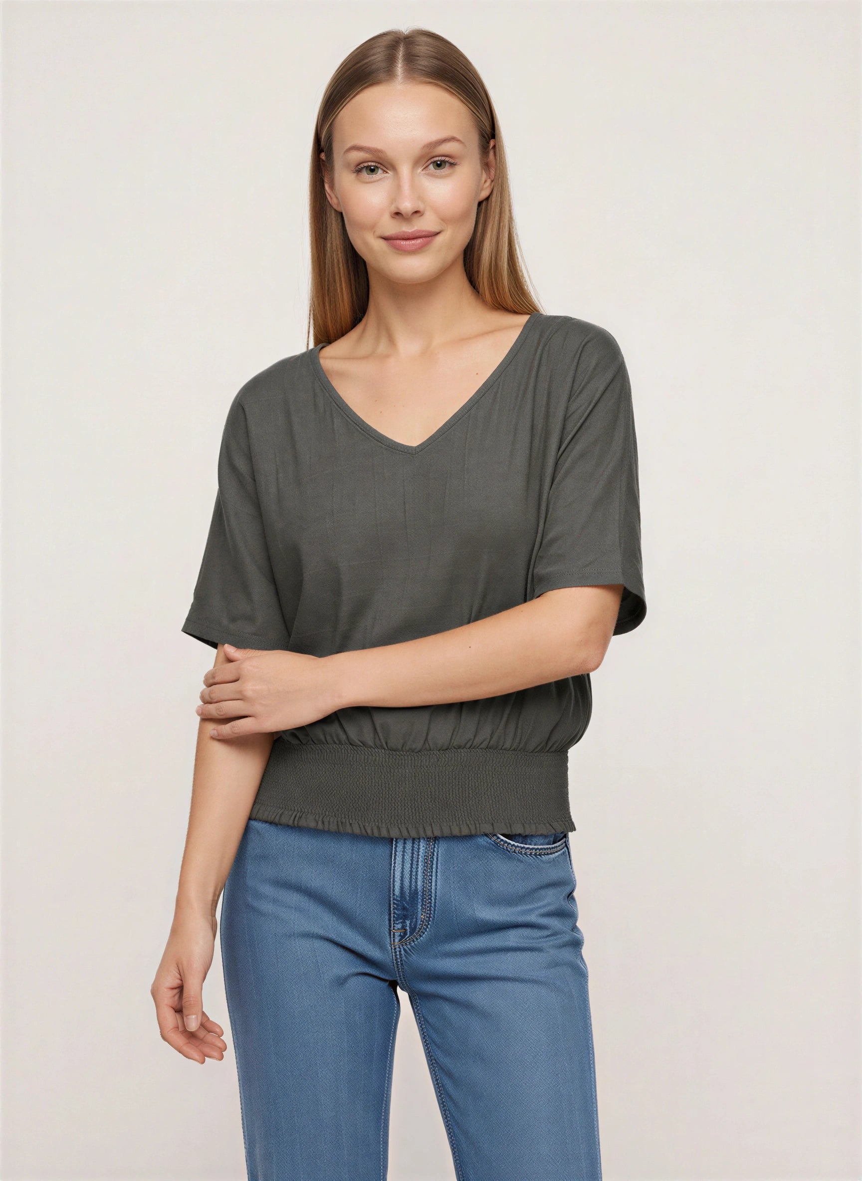 Shirren V-Neck Smocked Hem Top – Relaxed Women Casual Boho Blouse Oversized Short Sleeve Shirts Tops