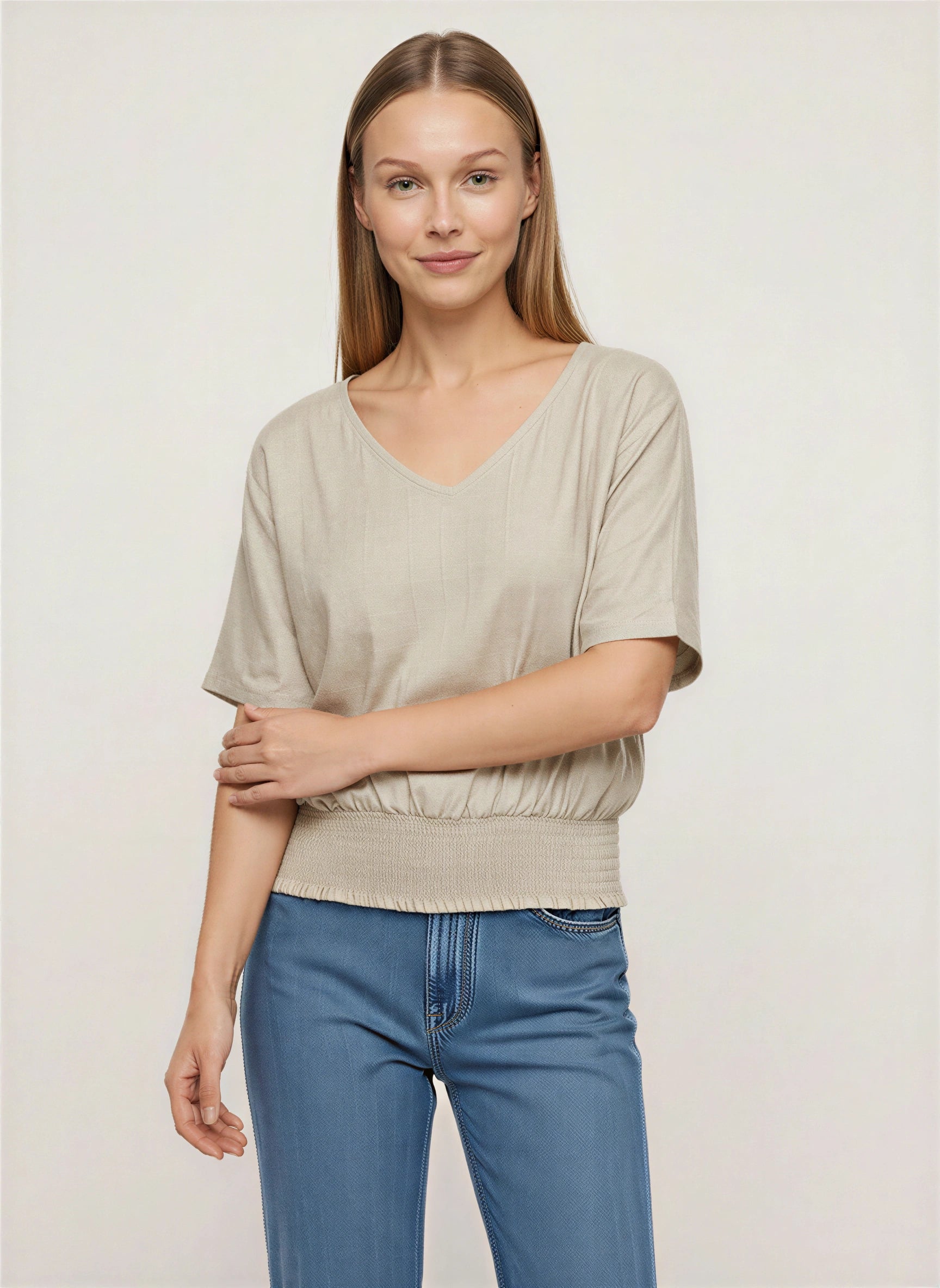 Shirren V-Neck Smocked Hem Top – Relaxed Women Casual Boho Blouse Oversized Short Sleeve Shirts Tops