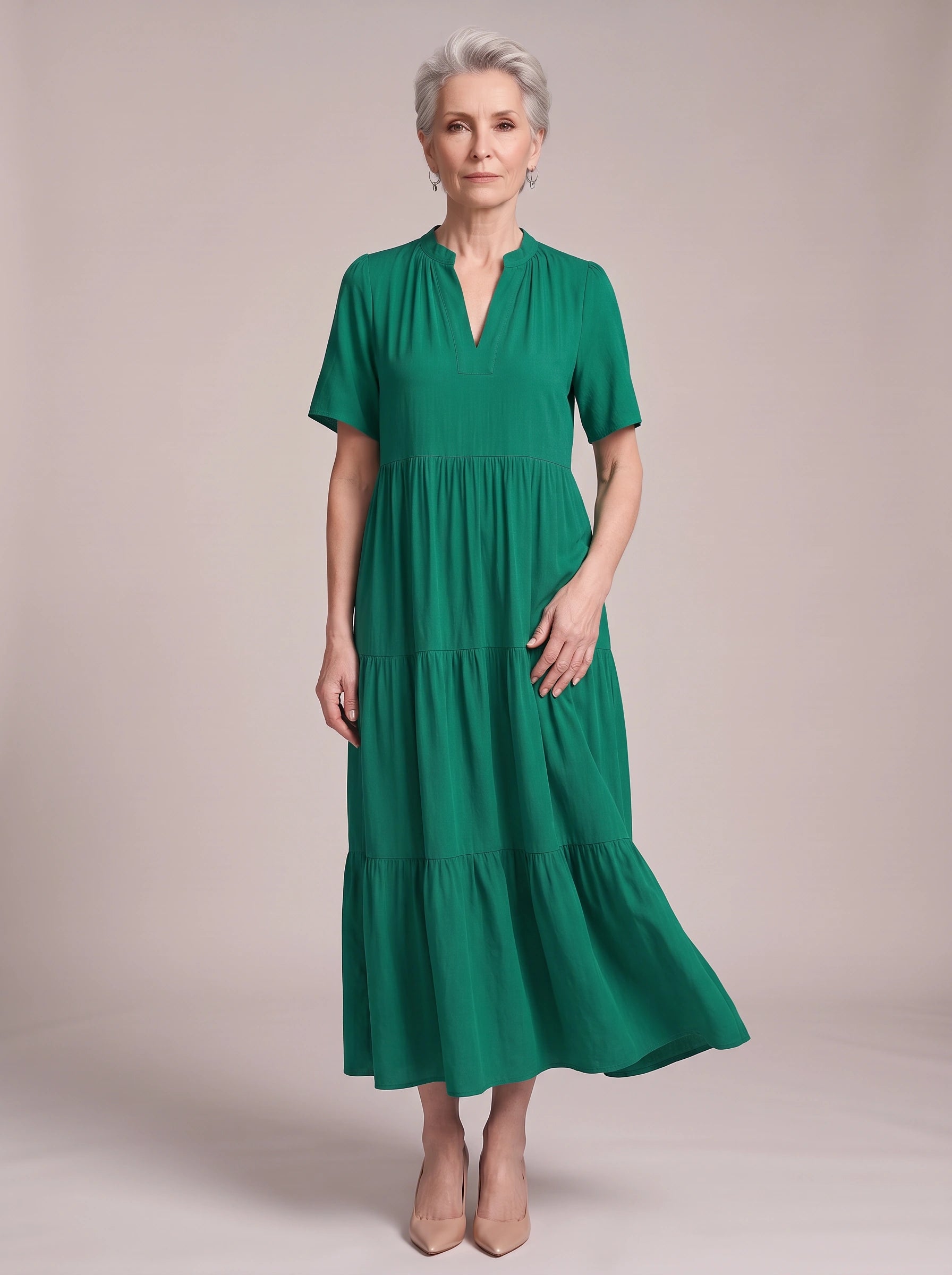 Magnolia V-Neck Tiered Maxi Dress – Business Casual Women Corporate Office Elegant Ladies Maxi Dress