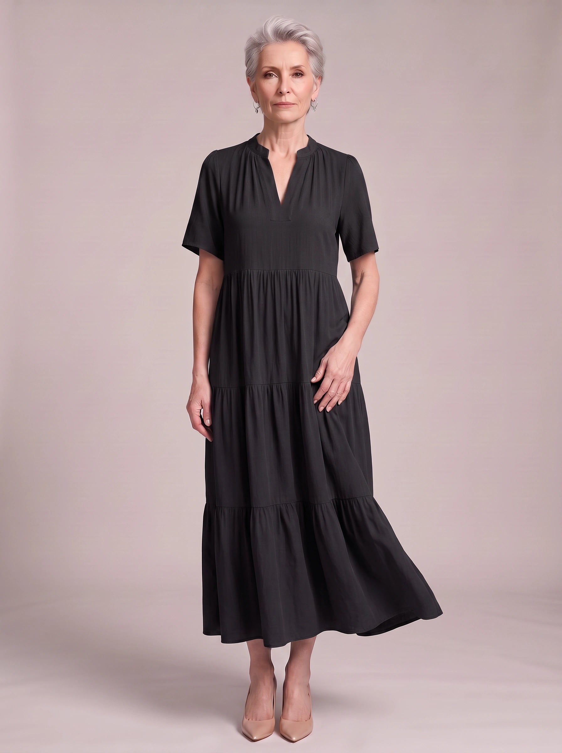 Magnolia V-Neck Tiered Maxi Dress – Business Casual Women Corporate Office Elegant Ladies Maxi Dress