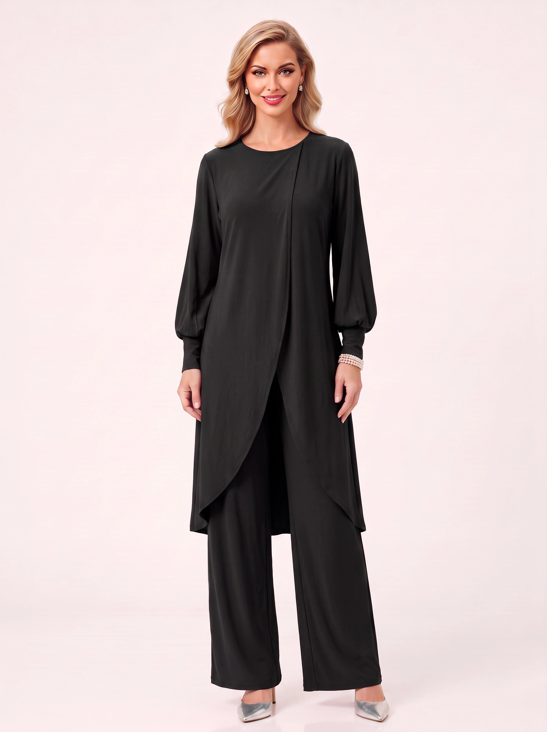 Plariva Overlay Longline Tunic Wide-Leg Pant Set – Two Piece Sets Women Formal Lounge Loungewear