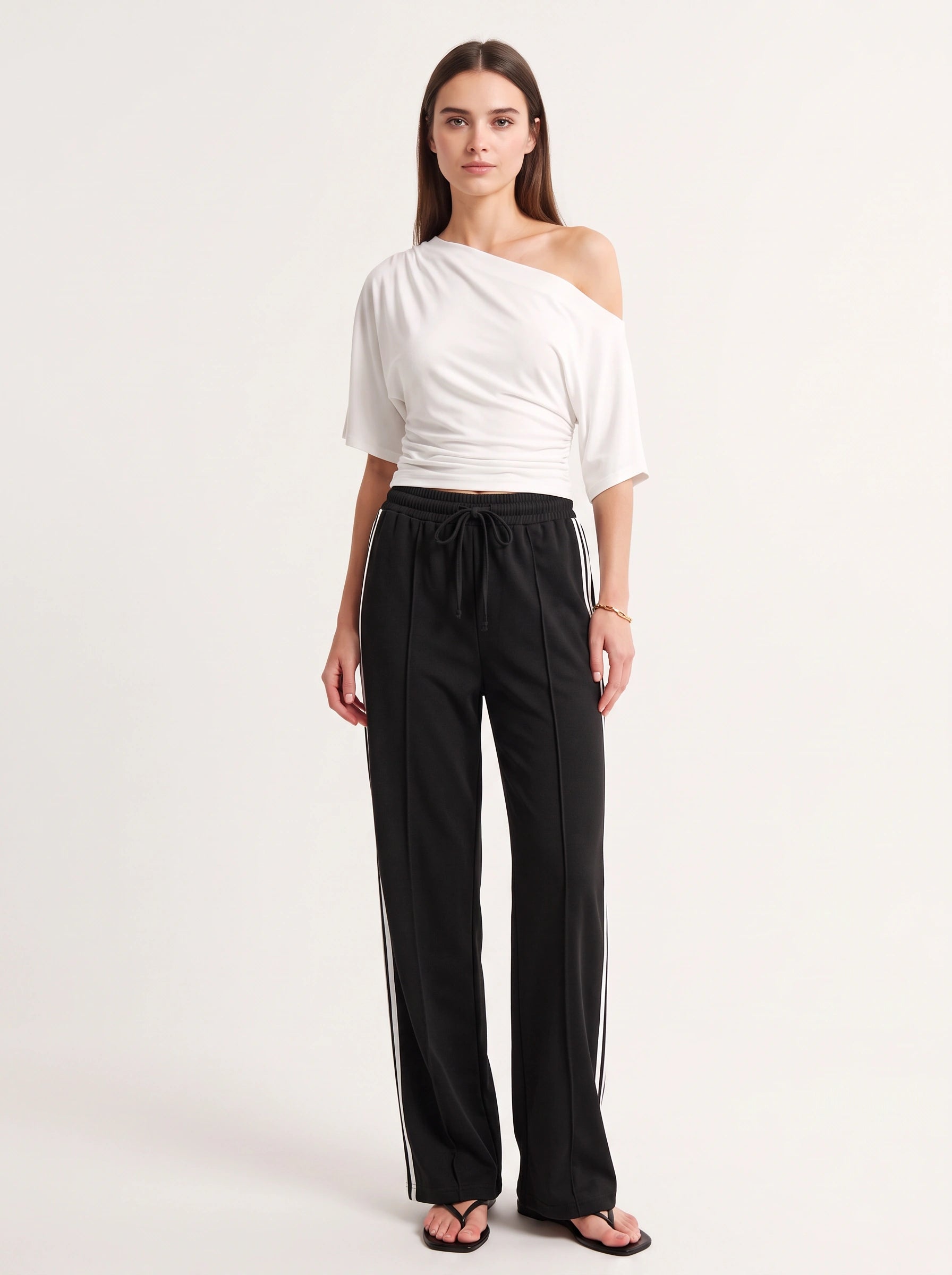 Striscia Side-Stripe Wide-Leg Track Pants – Women Palazzo Pants Casual Streetwear Sporty Drawstring
