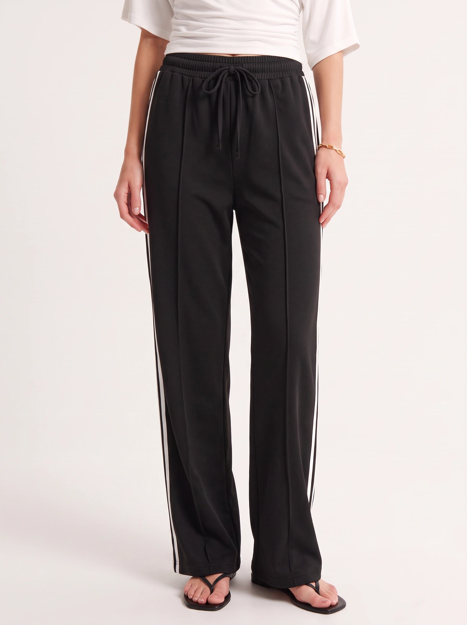 Striscia Side-Stripe Wide-Leg Track Pants – Women Palazzo Pants Casual Streetwear Sporty Drawstring