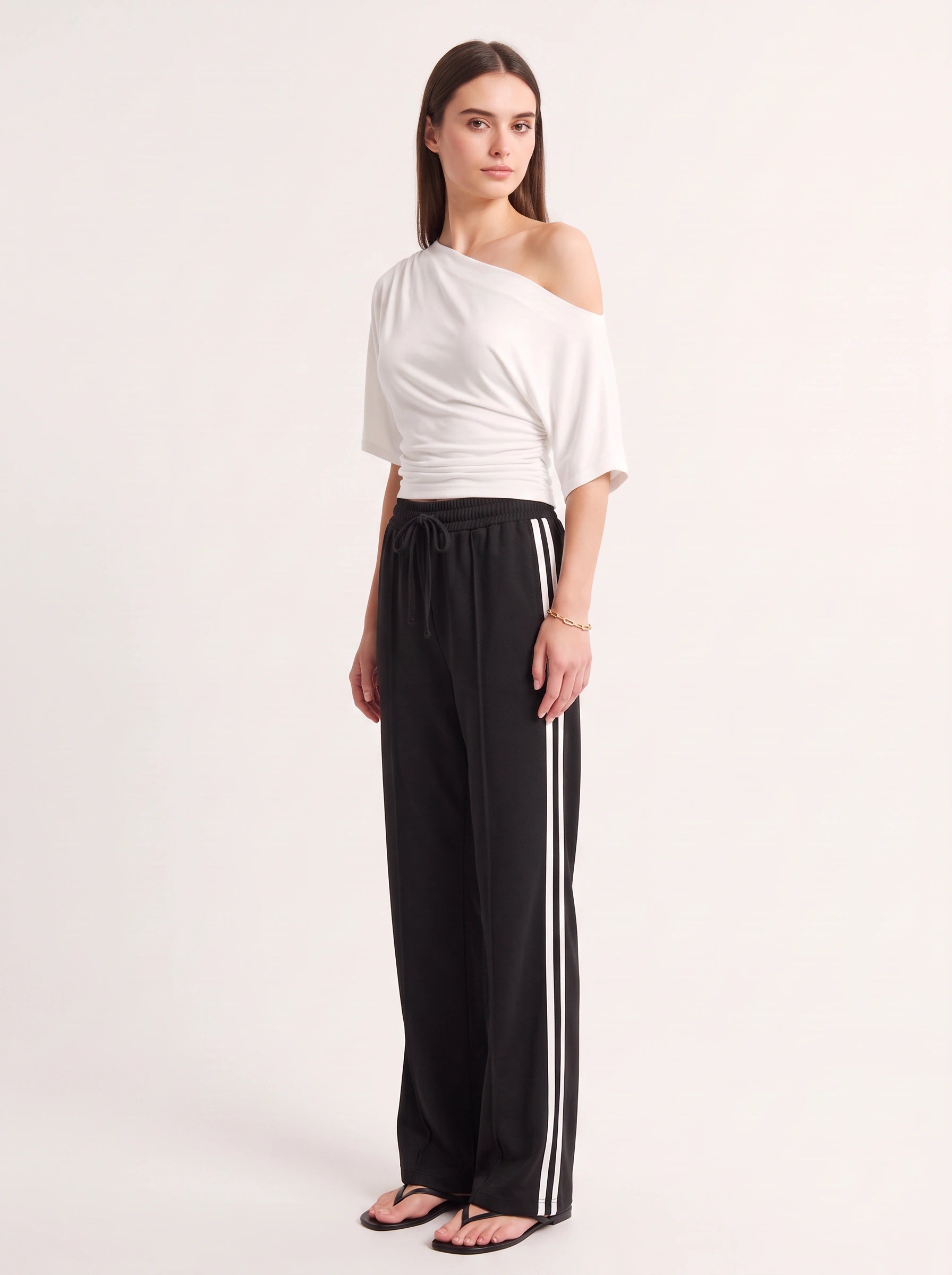 Striscia Side-Stripe Wide-Leg Track Pants – Women Palazzo Pants Casual Streetwear Sporty Drawstring