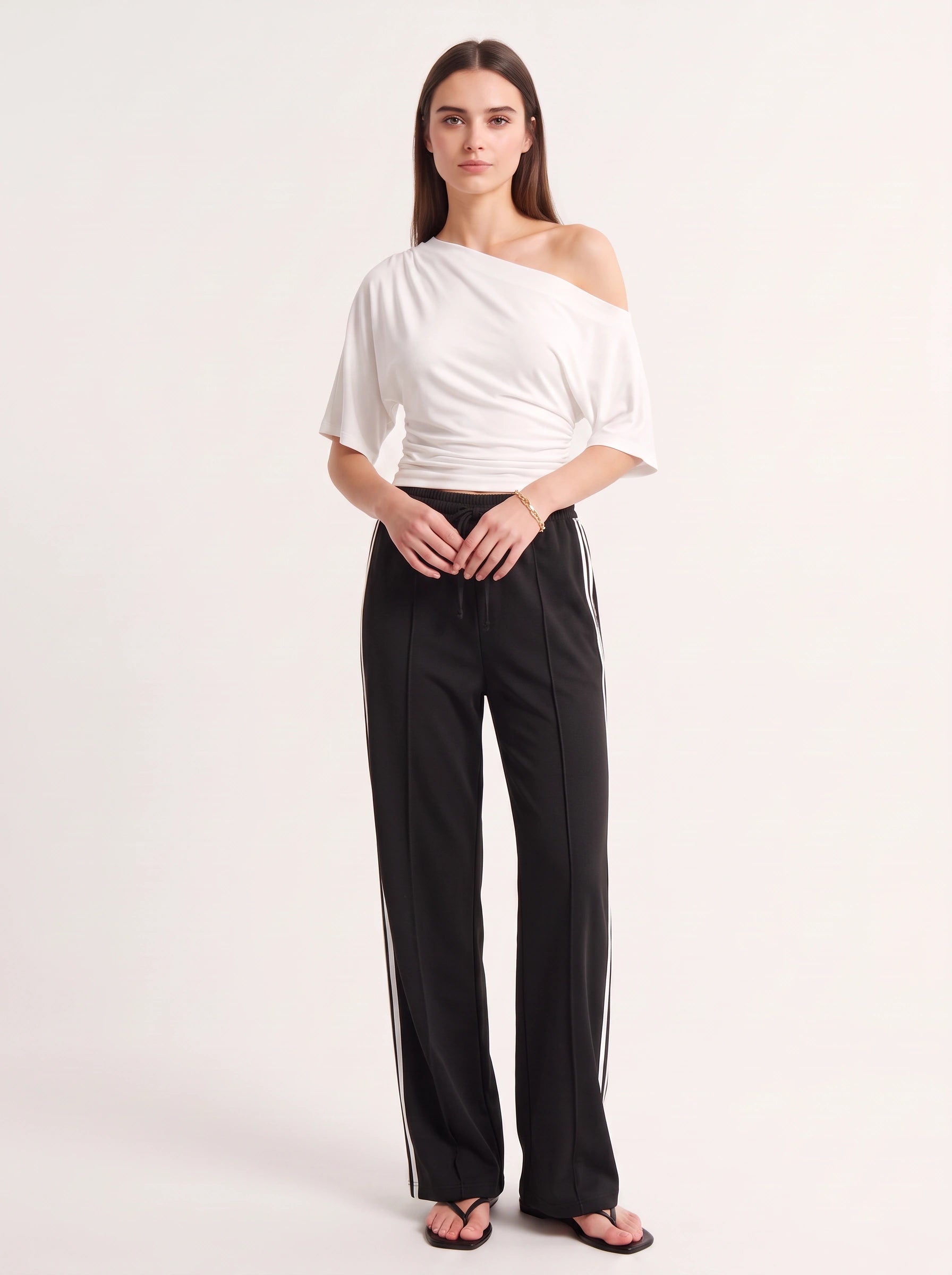 Striscia Side-Stripe Wide-Leg Track Pants – Women Palazzo Pants Casual Streetwear Sporty Drawstring