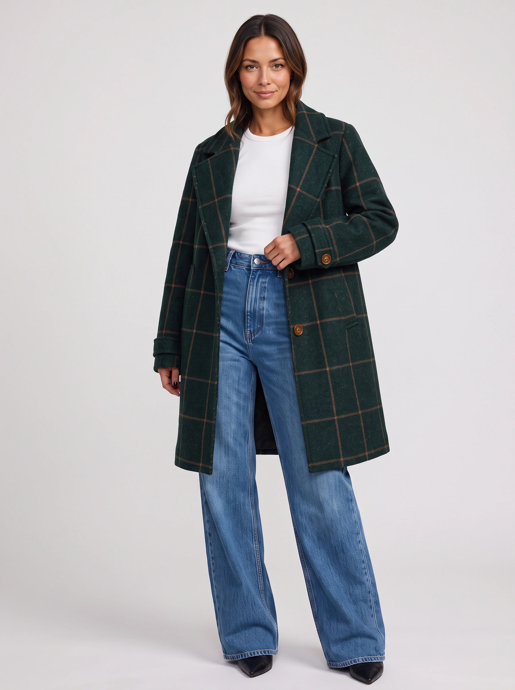 Scazie Windowpane Check Double-Breasted Longline Coat – Plaid Women Blazer Wool-Blend Tailored Formal Winter Outerwear Jacket