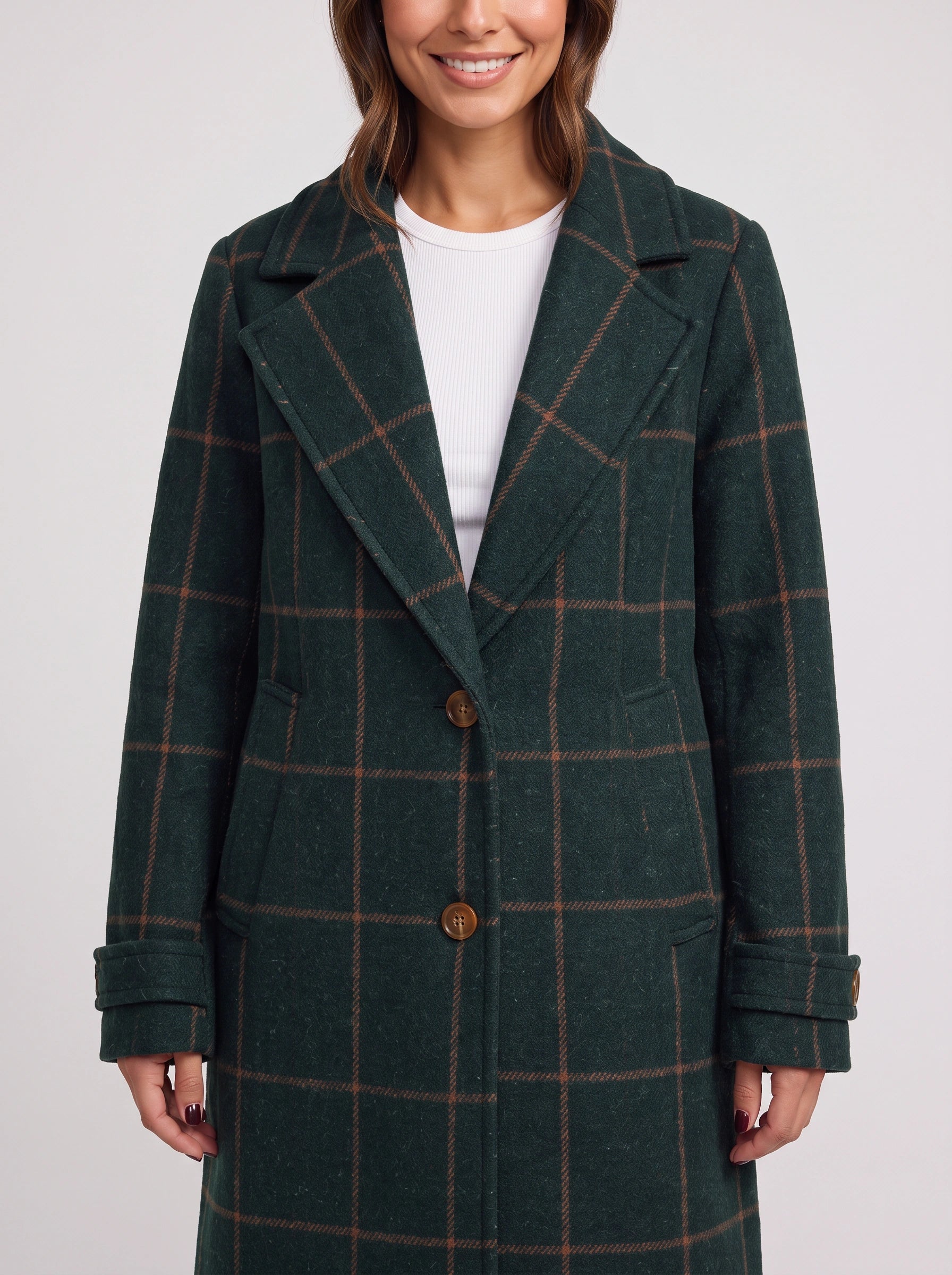 Scazie Windowpane Check Double-Breasted Longline Coat – Plaid Women Blazer Wool-Blend Tailored Formal Winter Outerwear Jacket