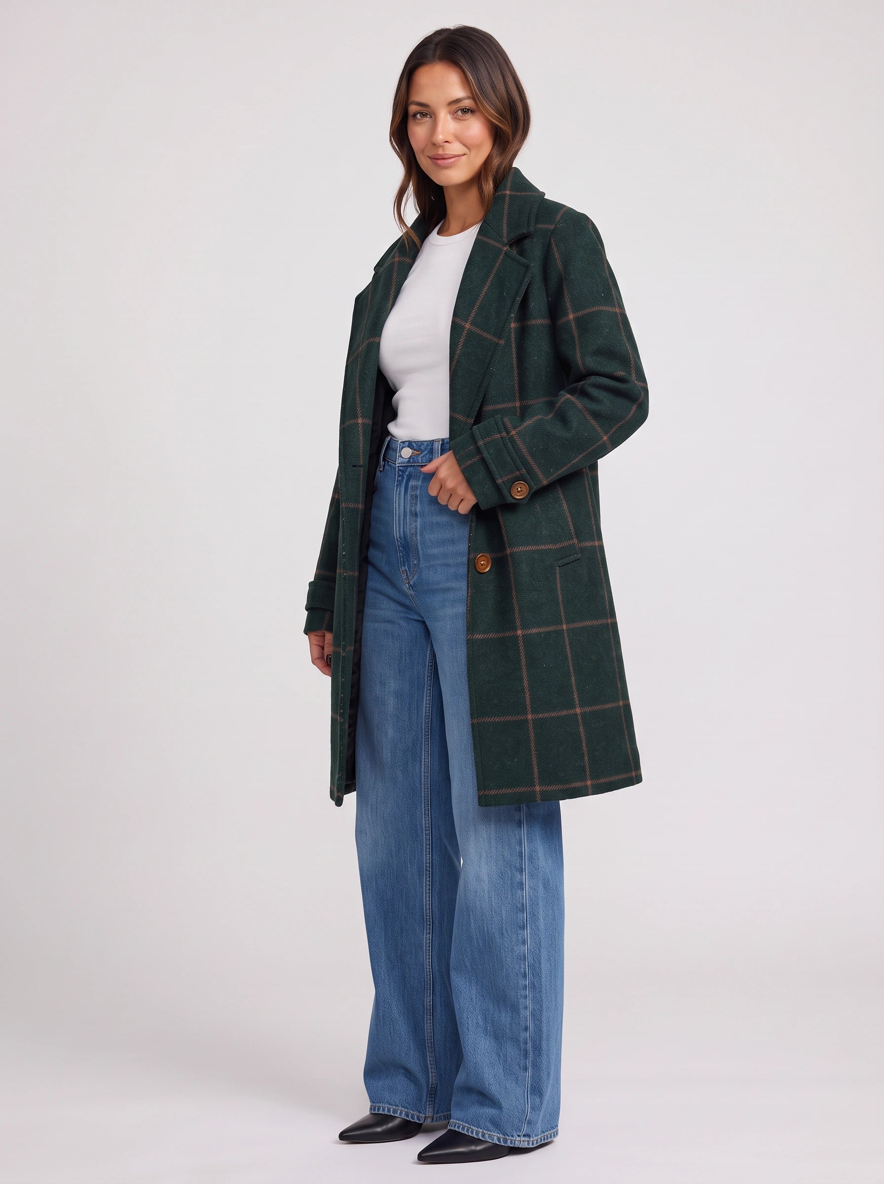 Scazie Windowpane Check Double-Breasted Longline Coat – Plaid Women Blazer Wool-Blend Tailored Formal Winter Outerwear Jacket