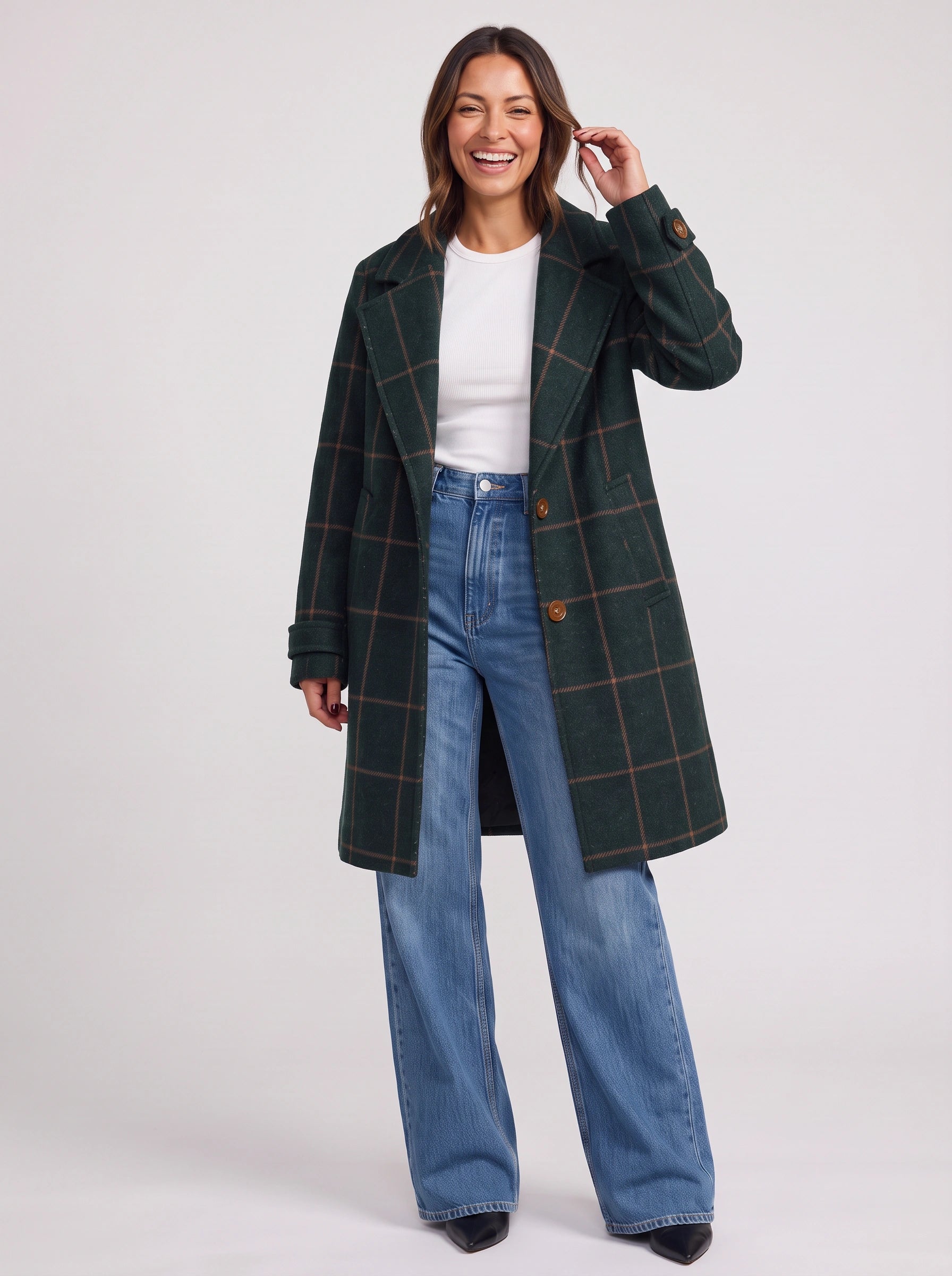 Scazie Windowpane Check Double-Breasted Longline Coat – Plaid Women Blazer Wool-Blend Tailored Formal Winter Outerwear Jacket