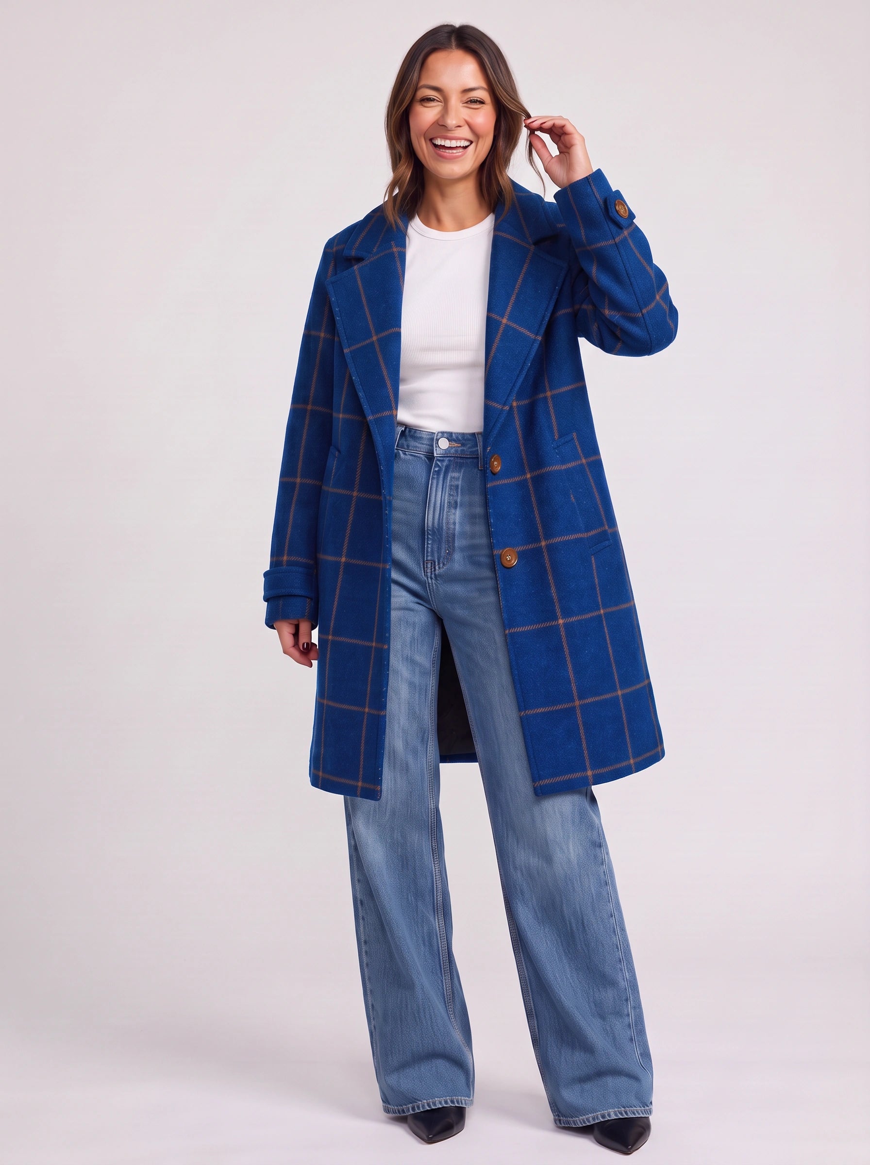 Scazie Windowpane Check Double-Breasted Longline Coat – Plaid Women Blazer Wool-Blend Tailored Formal Winter Outerwear Jacket