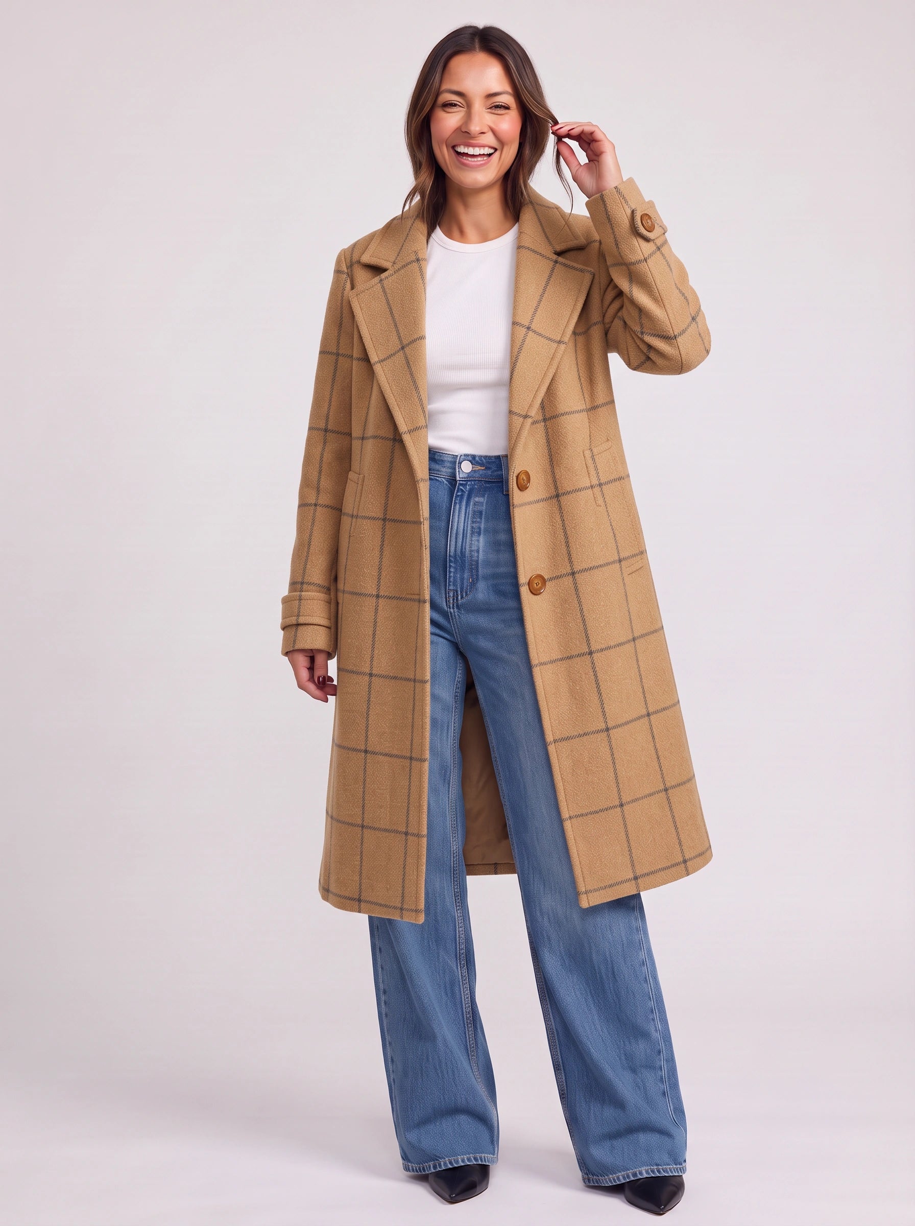 Scazie Windowpane Check Double-Breasted Longline Coat – Plaid Women Blazer Wool-Blend Tailored Formal Winter Outerwear Jacket