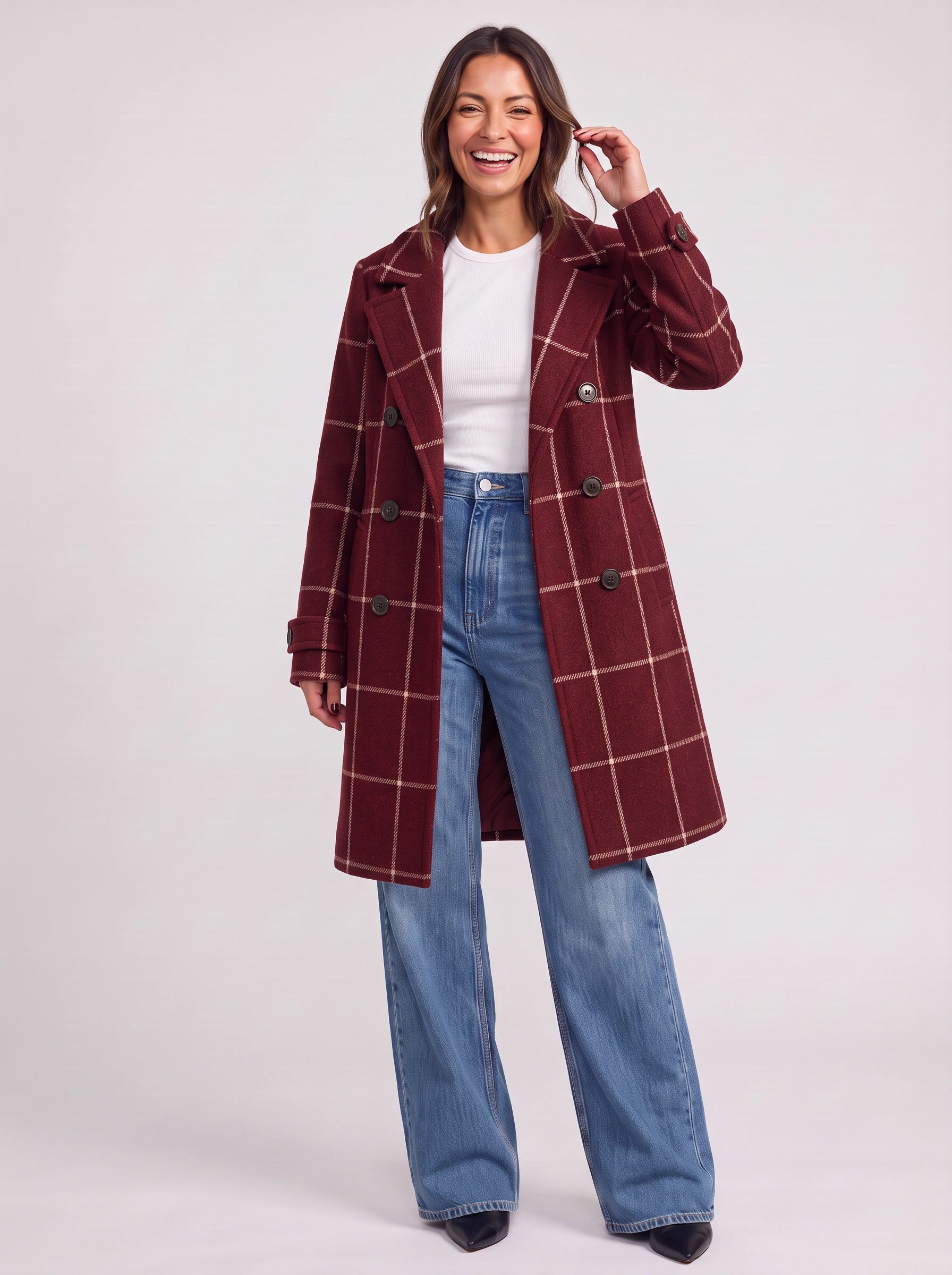 Scazie Windowpane Check Double-Breasted Longline Coat – Plaid Women Blazer Wool-Blend Tailored Formal Winter Outerwear Jacket