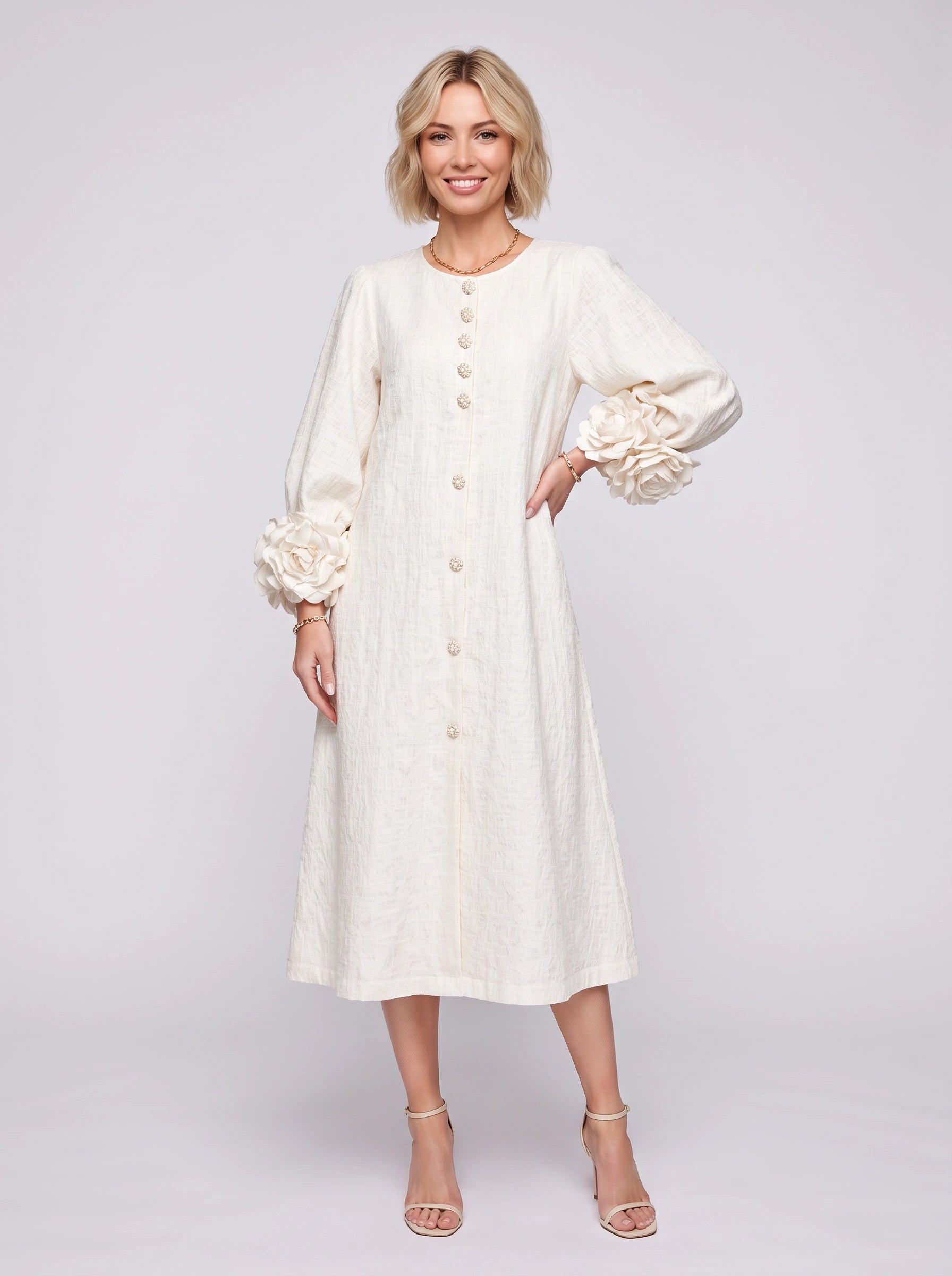 Petaline Button-Front Midi Dress – Long Sleeve Women Formal Wedding Guest Statement Sleeve Linen Midi Dress