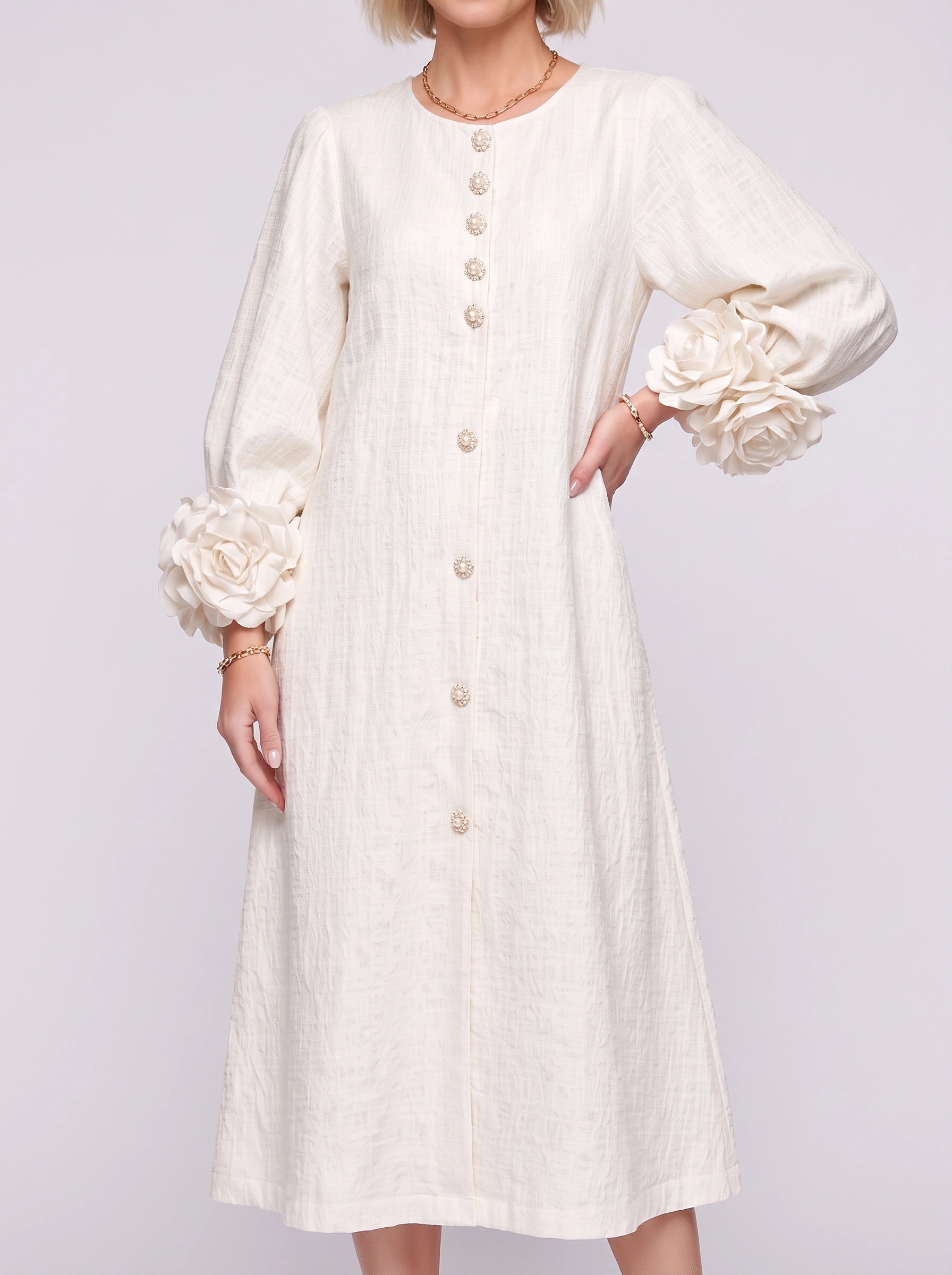 Petaline Button-Front Midi Dress – Long Sleeve Women Formal Wedding Guest Statement Sleeve Linen Midi Dress