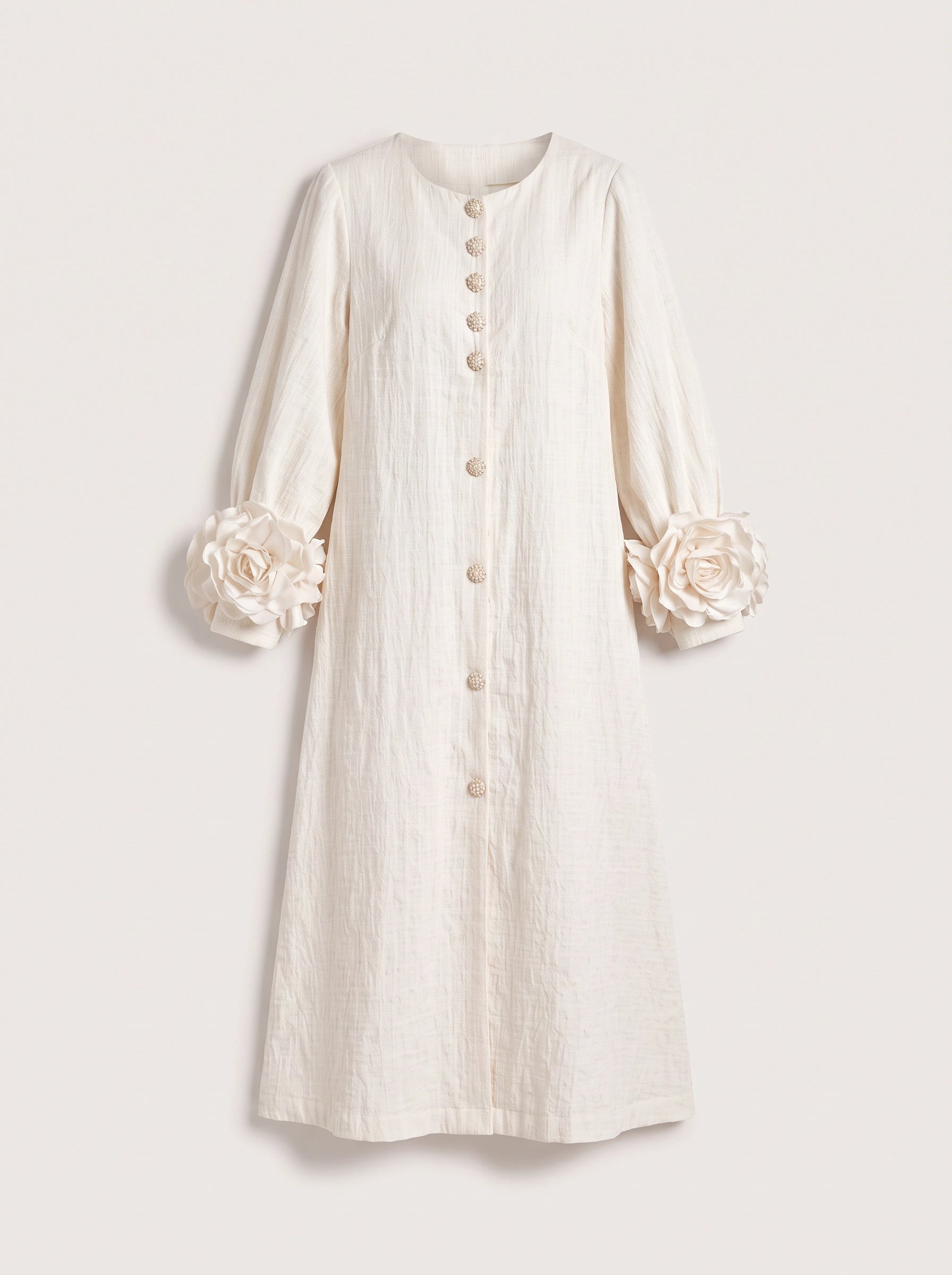 Petaline Button-Front Midi Dress – Long Sleeve Women Formal Wedding Guest Statement Sleeve Linen Midi Dress