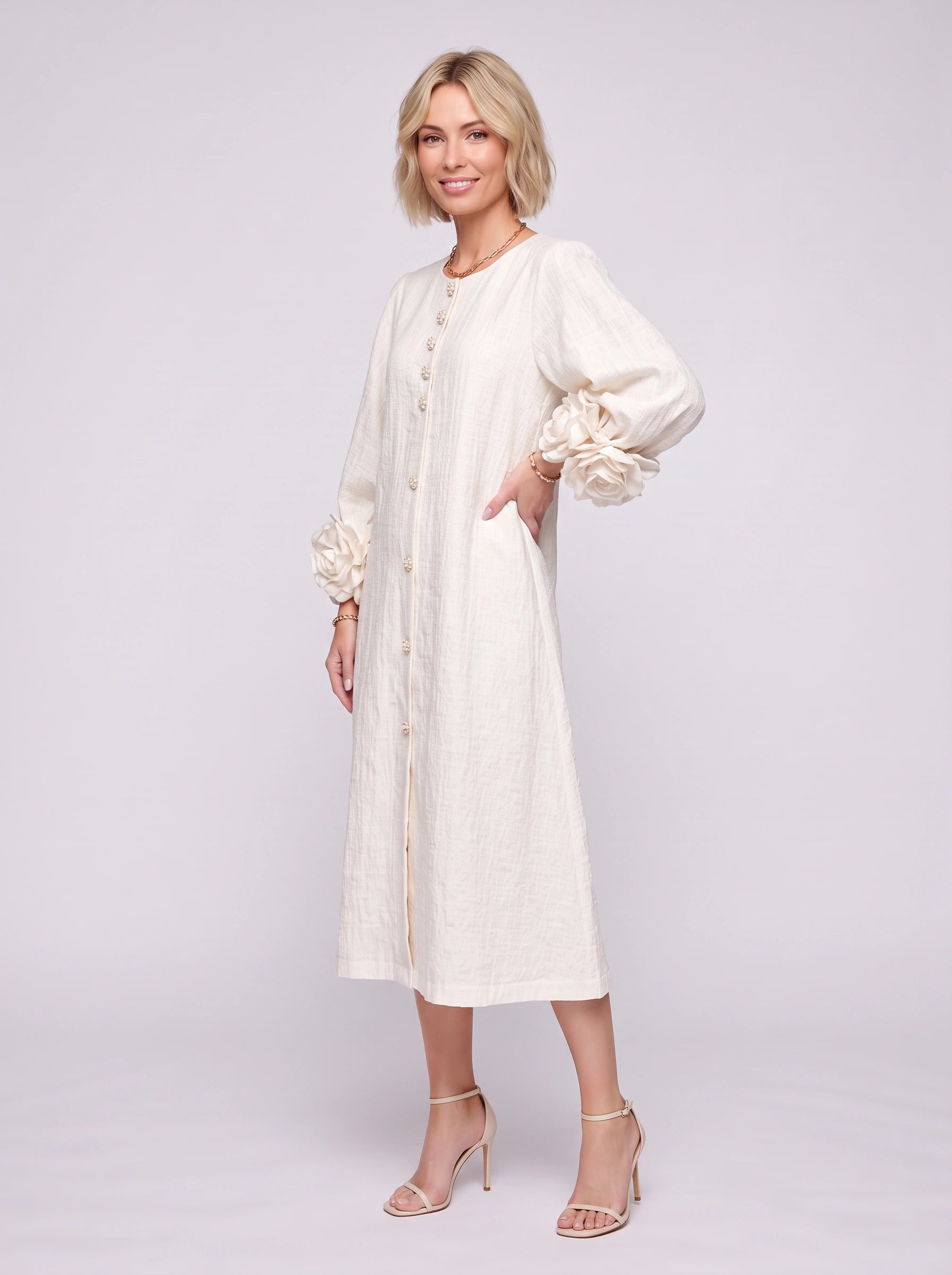 Petaline Button-Front Midi Dress – Long Sleeve Women Formal Wedding Guest Statement Sleeve Linen Midi Dress