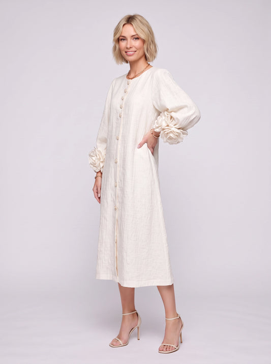 Petaline Button-Front Midi Dress – Long Sleeve Women Formal Wedding Guest Statement Sleeve Linen Midi Dress