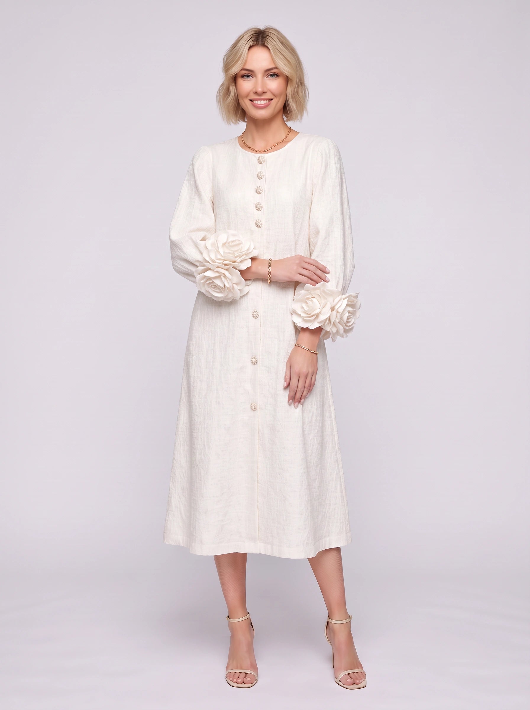 Petaline Button-Front Midi Dress – Long Sleeve Women Formal Wedding Guest Statement Sleeve Linen Midi Dress