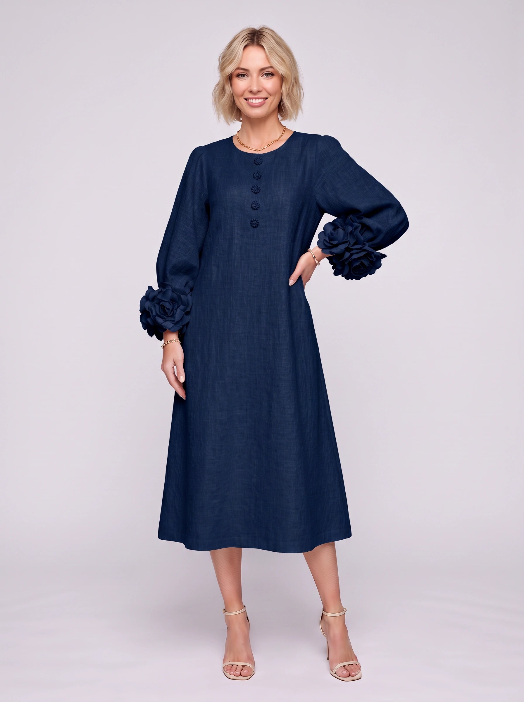 Petaline Button-Front Midi Dress – Long Sleeve Women Formal Wedding Guest Statement Sleeve Linen Midi Dress