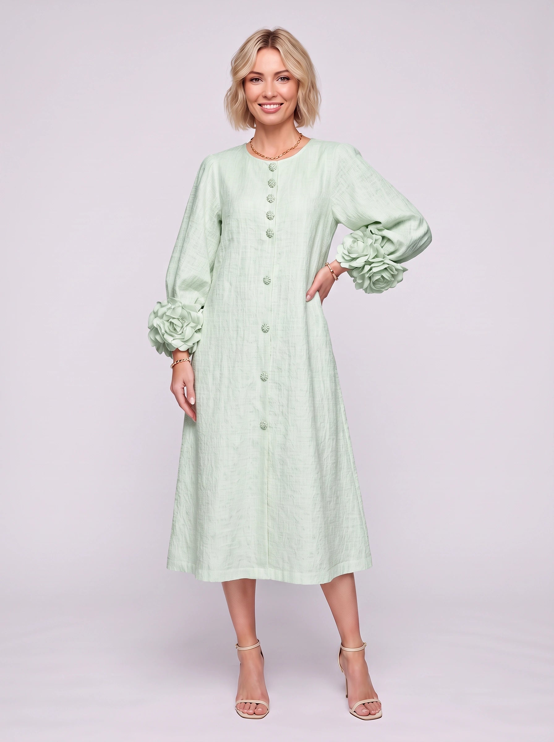Petaline Button-Front Midi Dress – Long Sleeve Women Formal Wedding Guest Statement Sleeve Linen Midi Dress