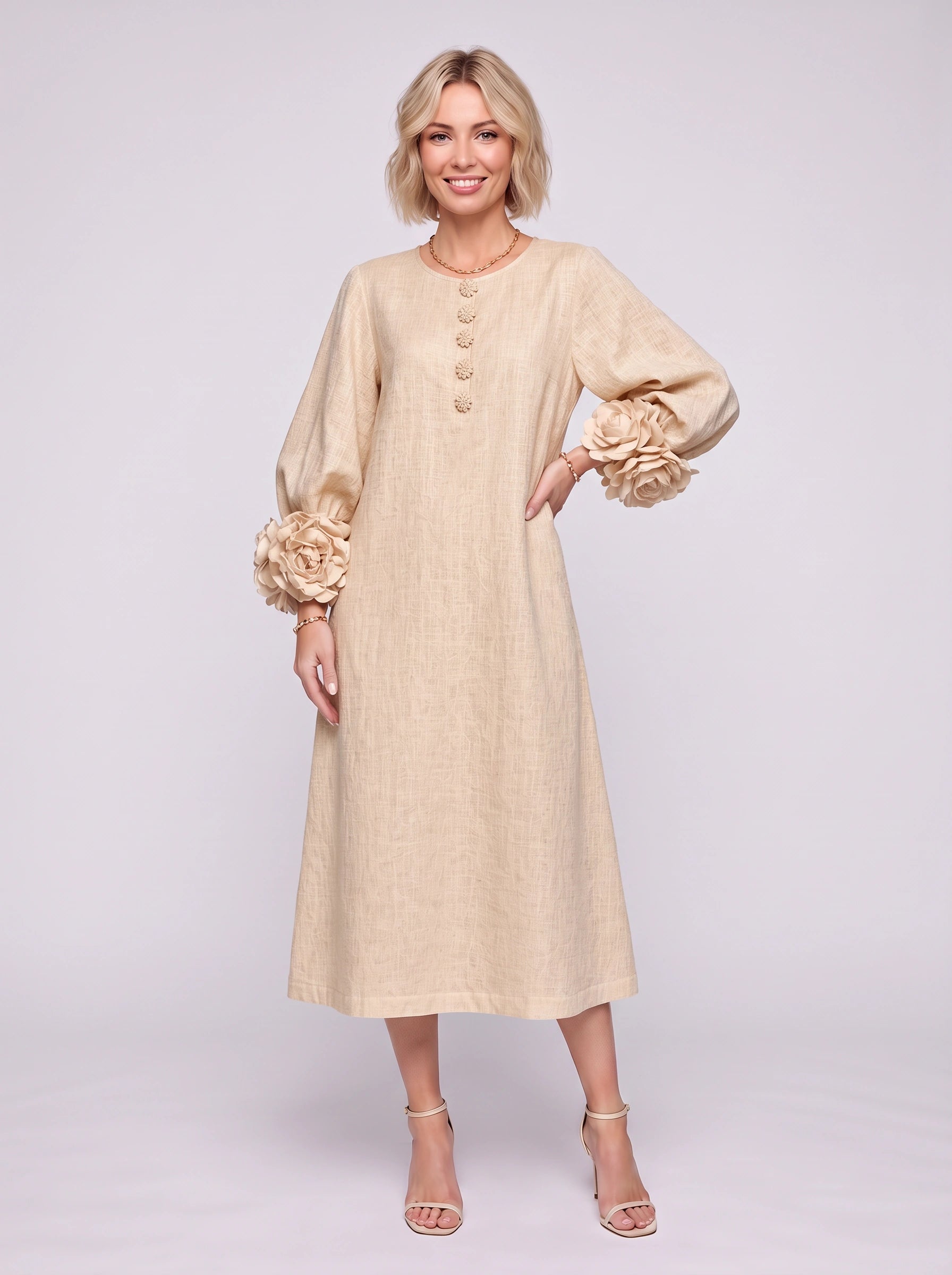 Petaline Button-Front Midi Dress – Long Sleeve Women Formal Wedding Guest Statement Sleeve Linen Midi Dress