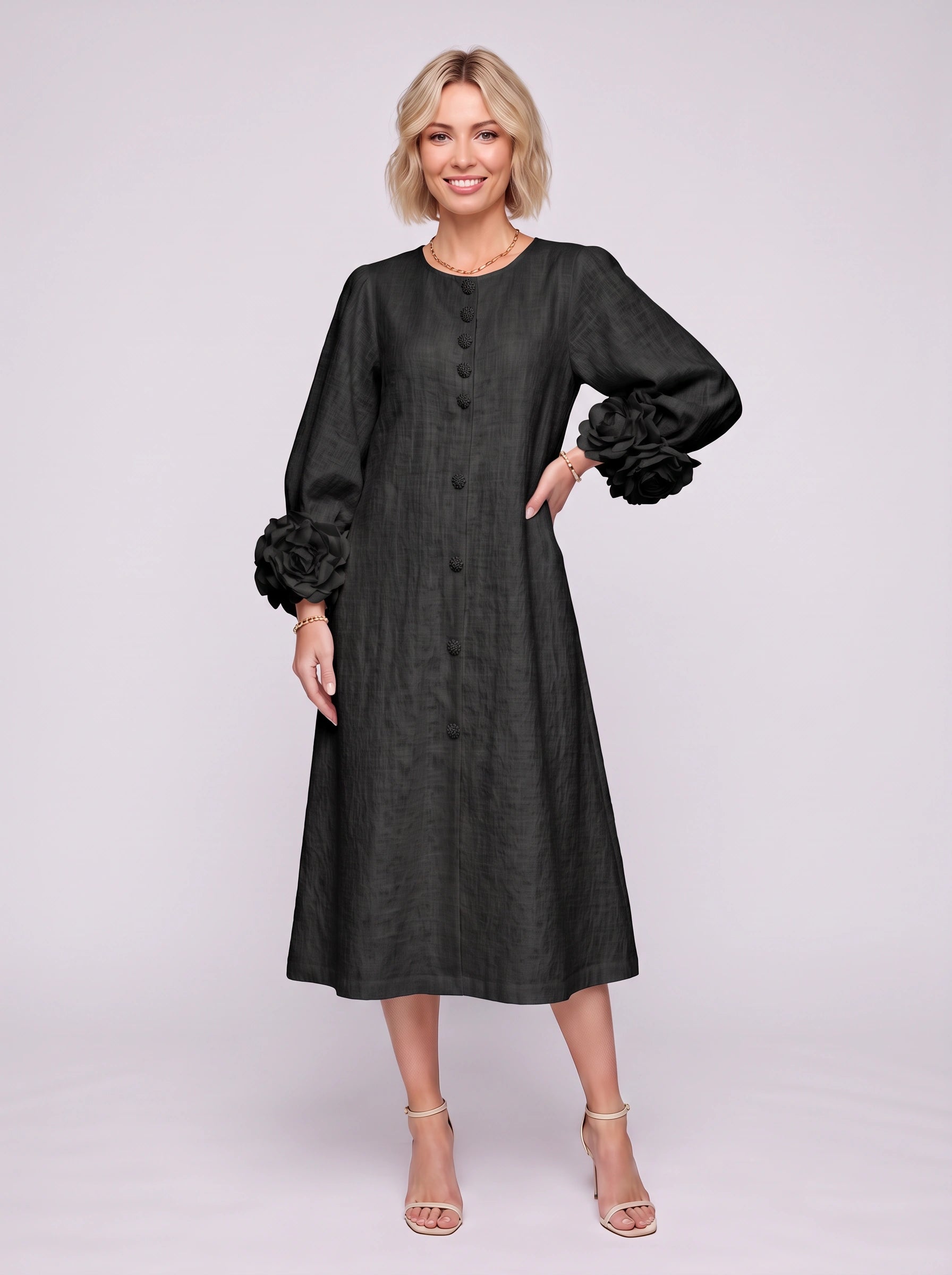 Petaline Button-Front Midi Dress – Long Sleeve Women Formal Wedding Guest Statement Sleeve Linen Midi Dress