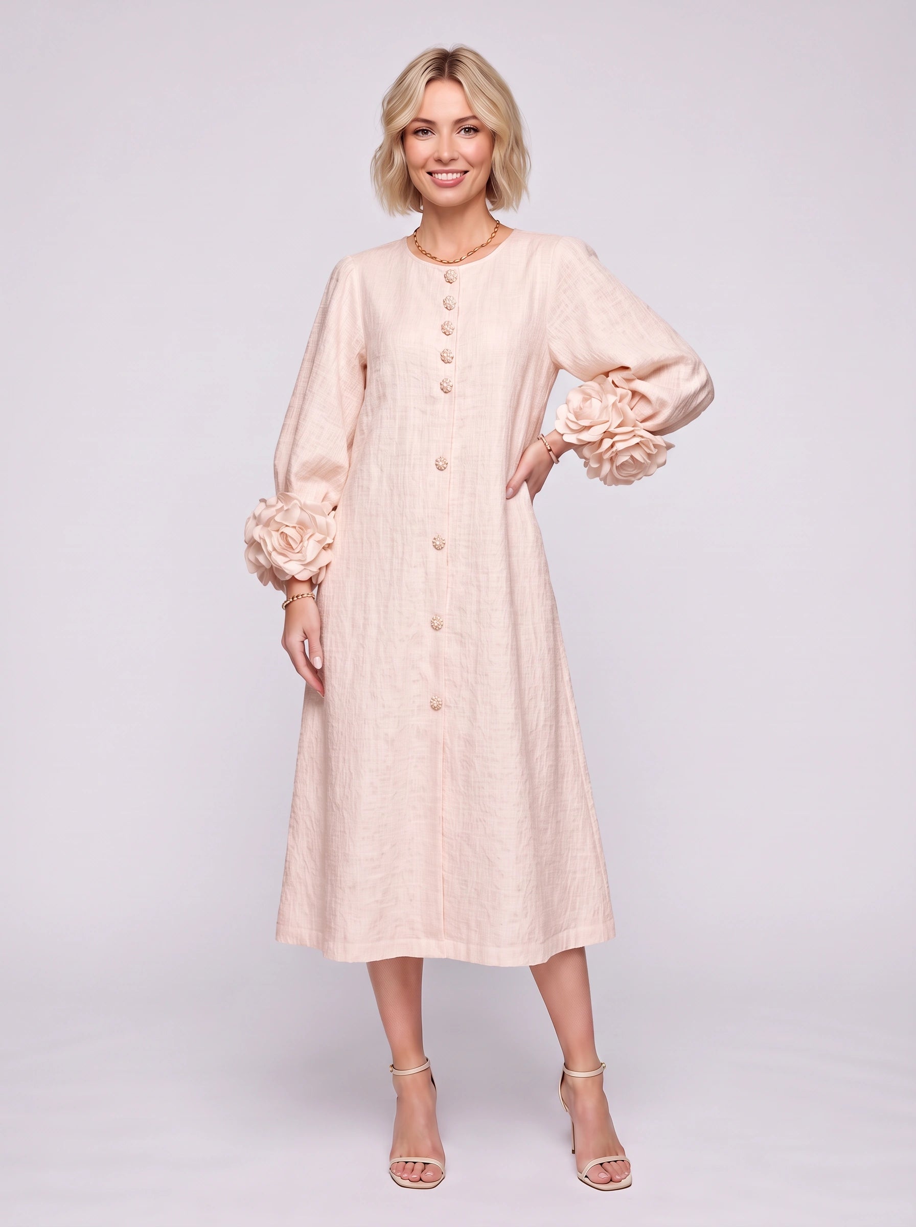 Petaline Button-Front Midi Dress – Long Sleeve Women Formal Wedding Guest Statement Sleeve Linen Midi Dress