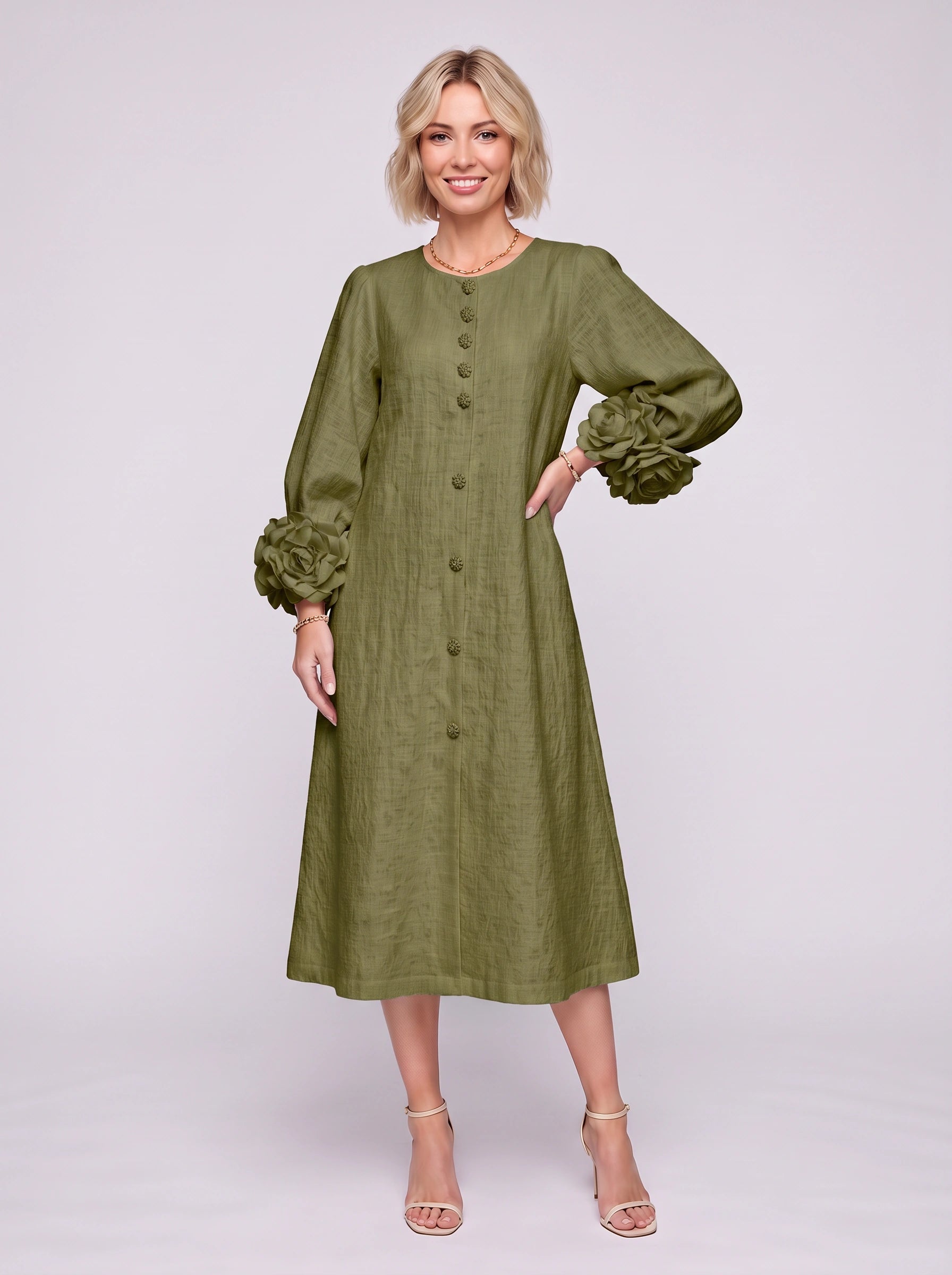 Petaline Button-Front Midi Dress – Long Sleeve Women Formal Wedding Guest Statement Sleeve Linen Midi Dress