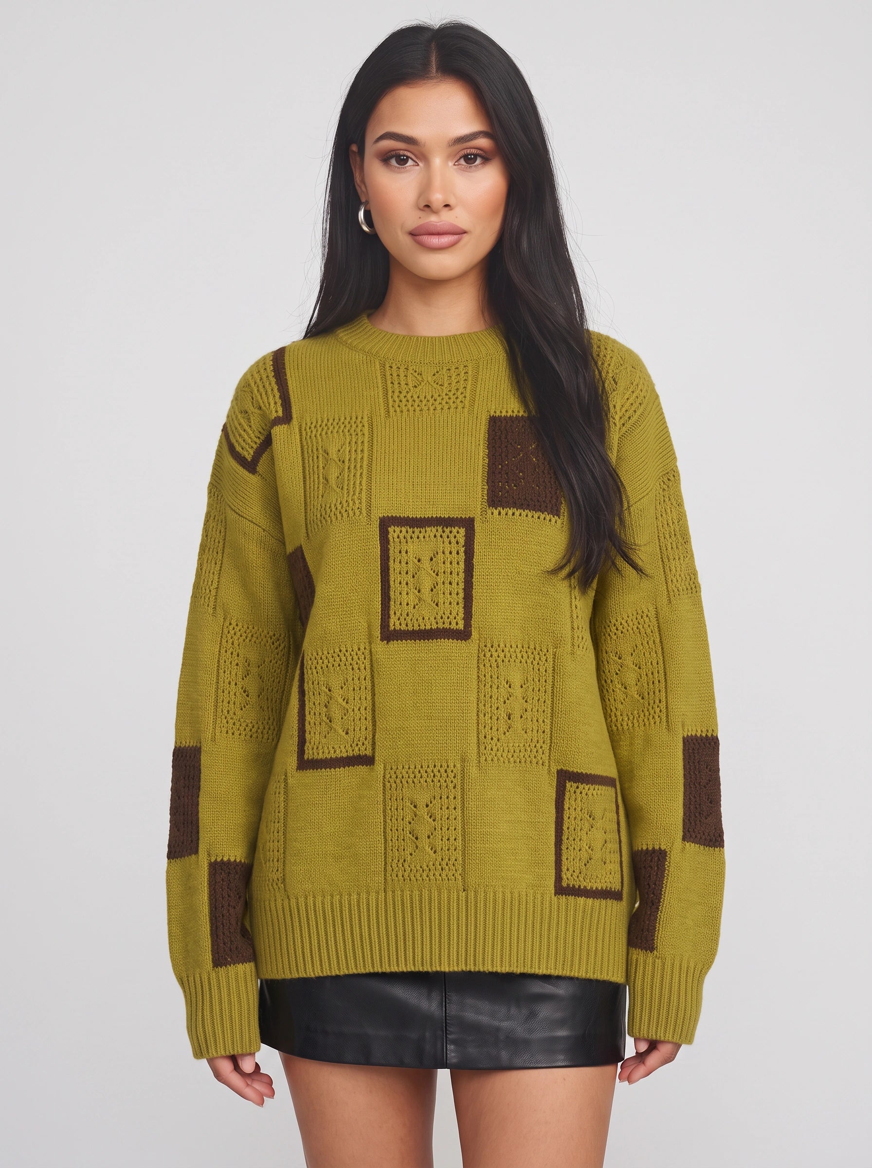 Bloquen Patchwork Oversized Sweater – Women Winter Chunky Knit Geometric Colorblock Crew Neck Pullover