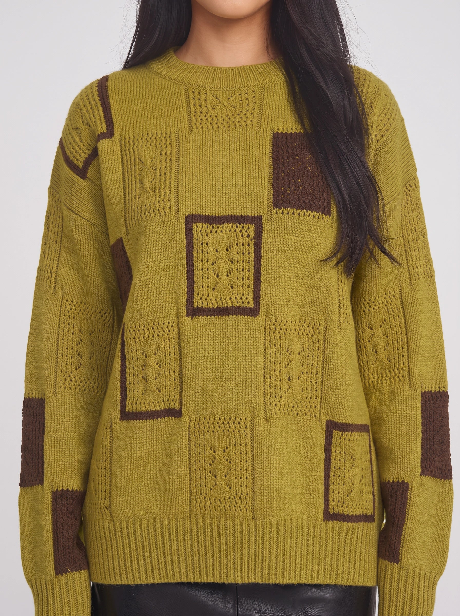Bloquen Patchwork Oversized Sweater – Women Winter Chunky Knit Geometric Colorblock Crew Neck Pullover