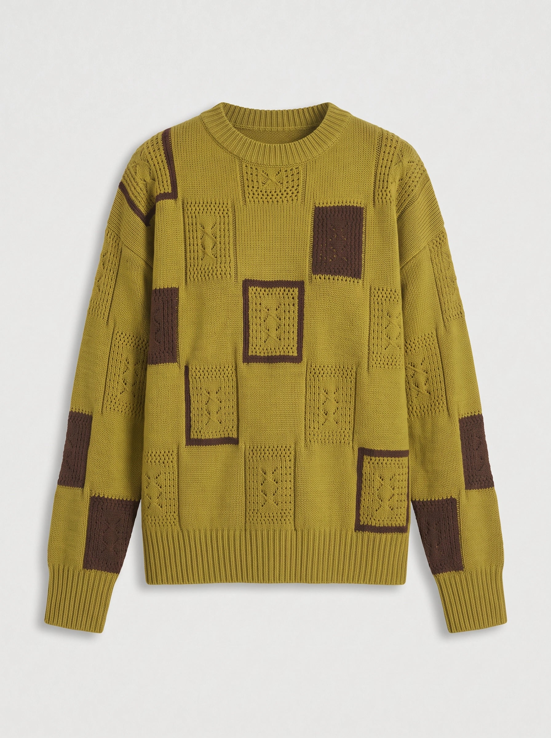 Bloquen Patchwork Oversized Sweater – Women Winter Chunky Knit Geometric Colorblock Crew Neck Pullover