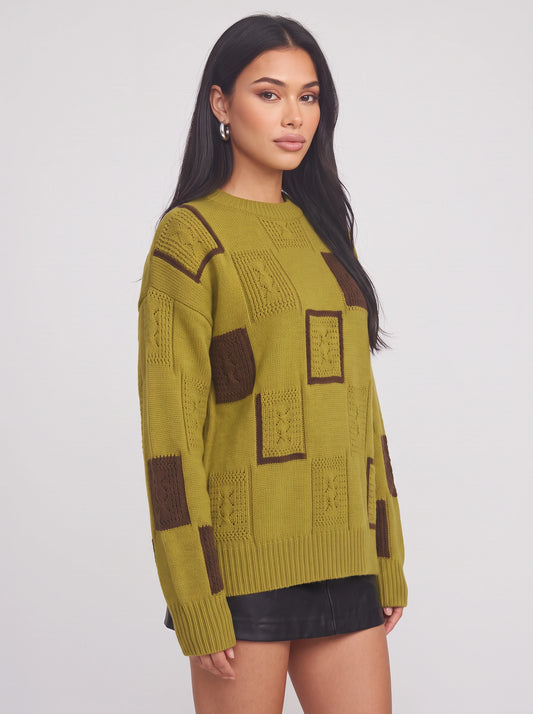 Bloquen Patchwork Oversized Sweater – Women Winter Chunky Knit Geometric Colorblock Crew Neck Pullover