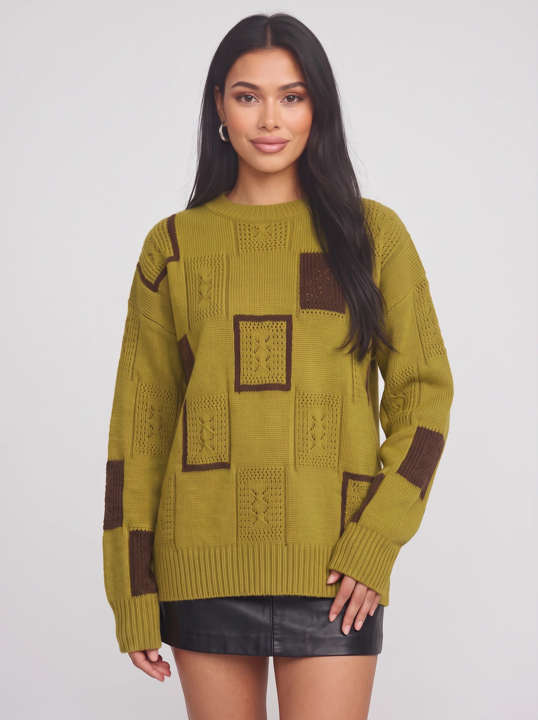 Bloquen Patchwork Oversized Sweater – Women Winter Chunky Knit Geometric Colorblock Crew Neck Pullover