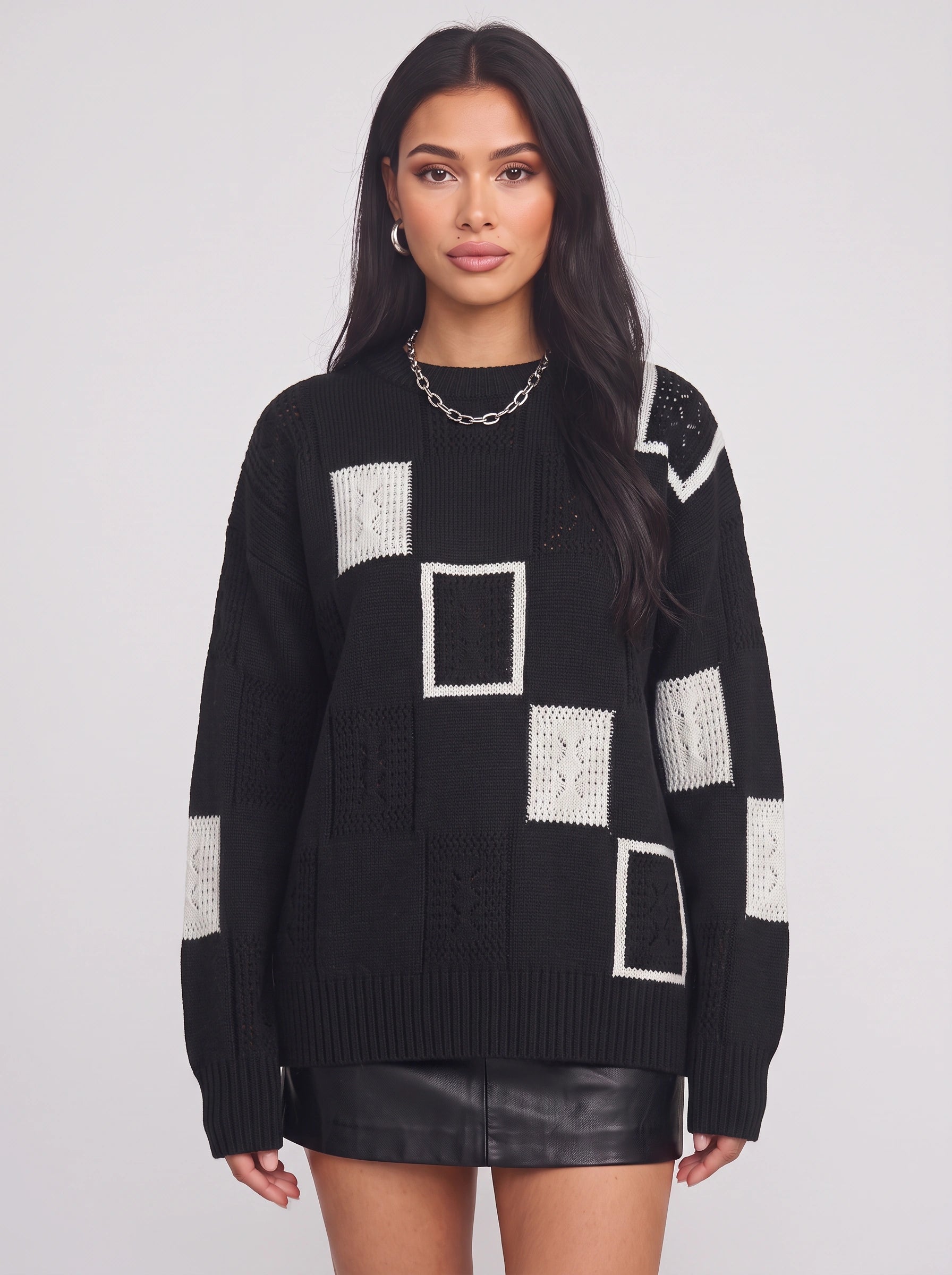 Bloquen Patchwork Oversized Sweater – Women Winter Chunky Knit Geometric Colorblock Crew Neck Pullover