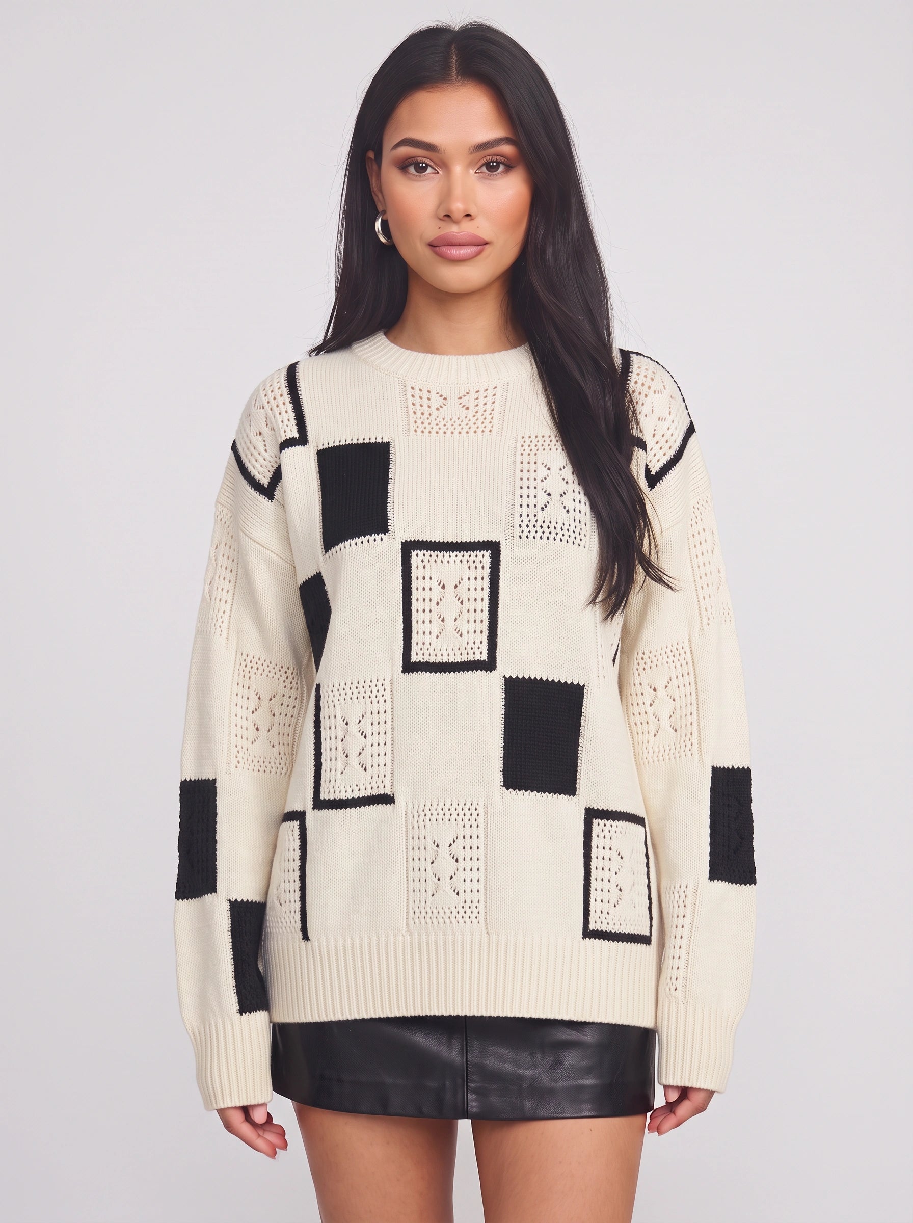 Bloquen Patchwork Oversized Sweater – Women Winter Chunky Knit Geometric Colorblock Crew Neck Pullover