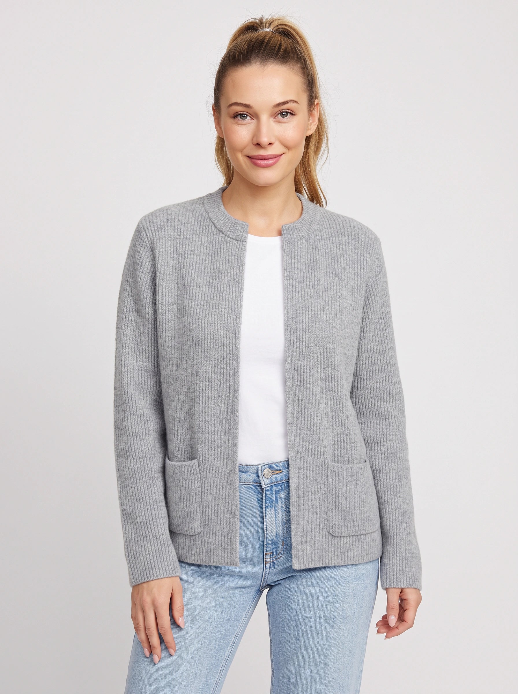 Costella Ribbed Knit Cardigan – Women Crew Neck Open Front Pockets Casual Office Cardigan Sweater