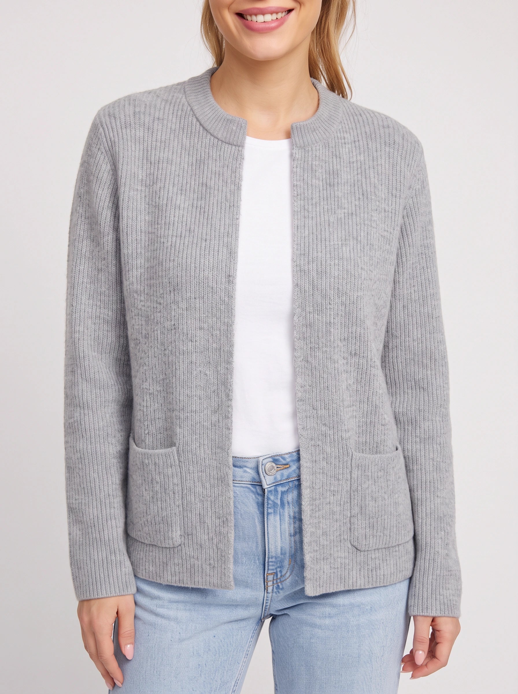 Costella Ribbed Knit Cardigan – Women Crew Neck Open Front Pockets Casual Office Cardigan Sweater