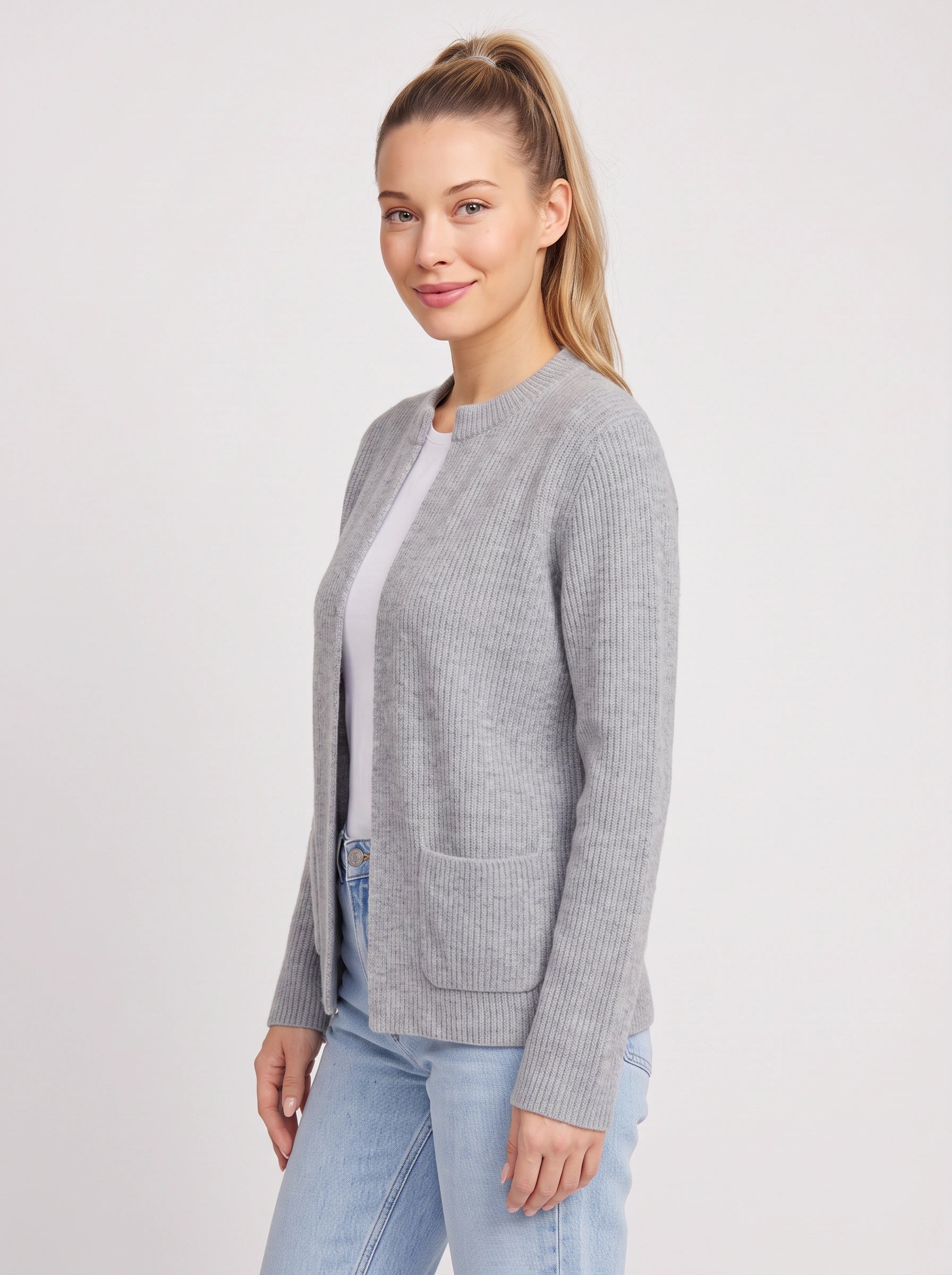Costella Ribbed Knit Cardigan – Women Crew Neck Open Front Pockets Casual Office Cardigan Sweater