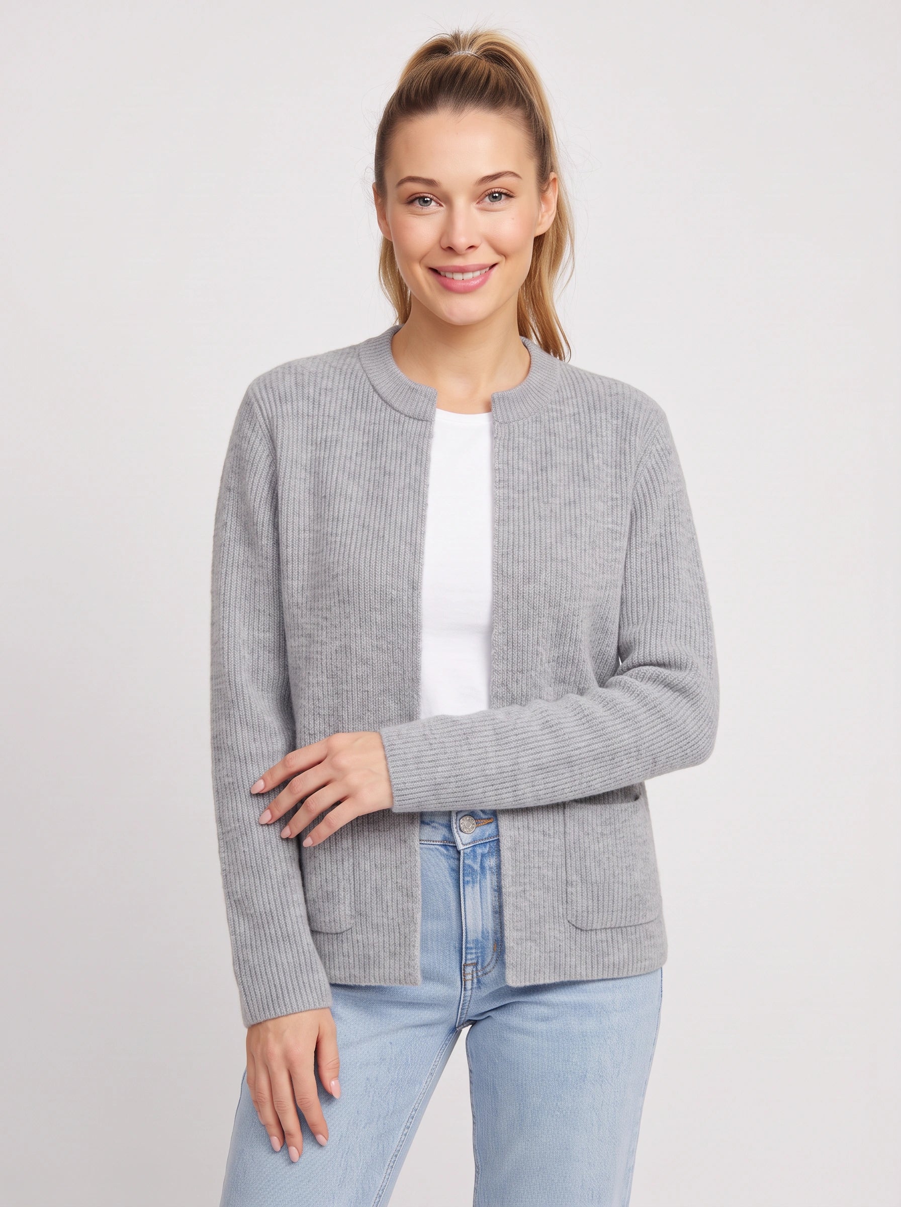 Costella Ribbed Knit Cardigan – Women Crew Neck Open Front Pockets Casual Office Cardigan Sweater