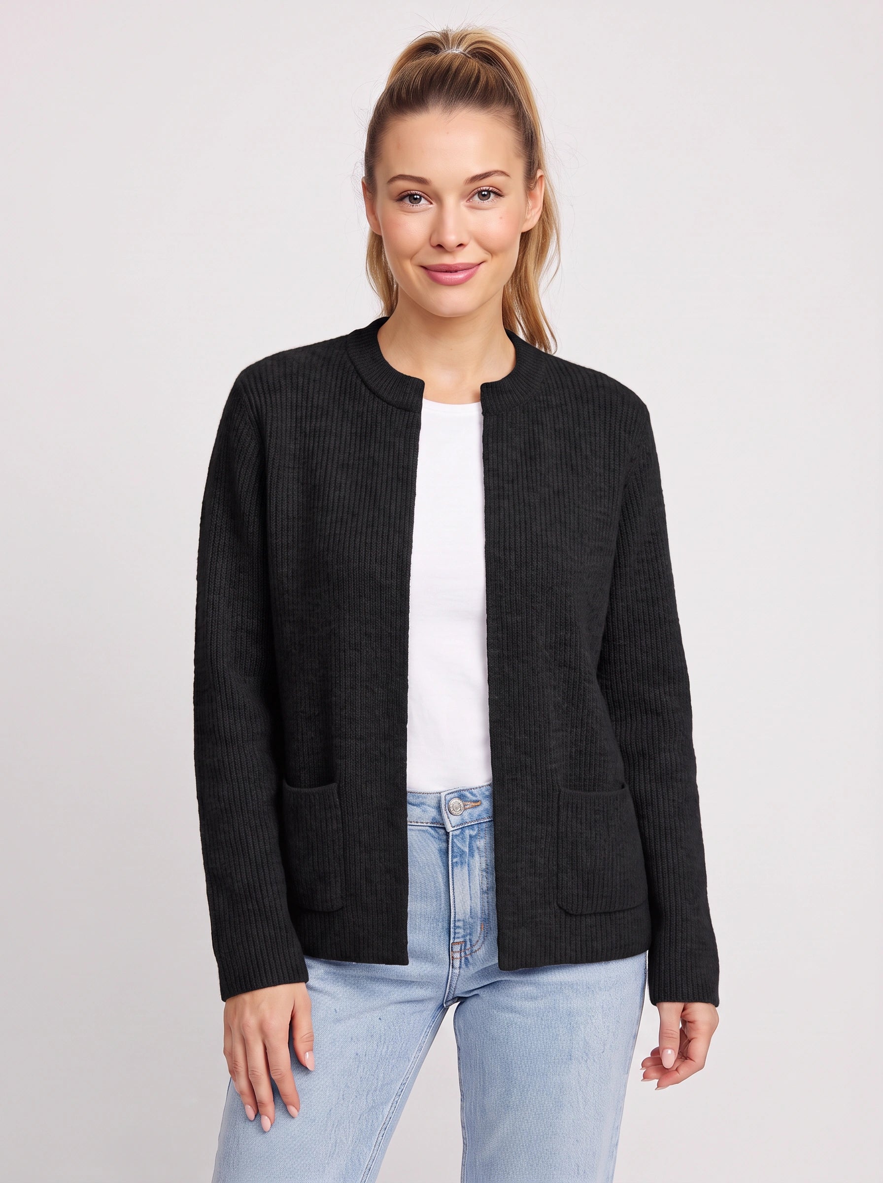 Costella Ribbed Knit Cardigan – Women Crew Neck Open Front Pockets Casual Office Cardigan Sweater