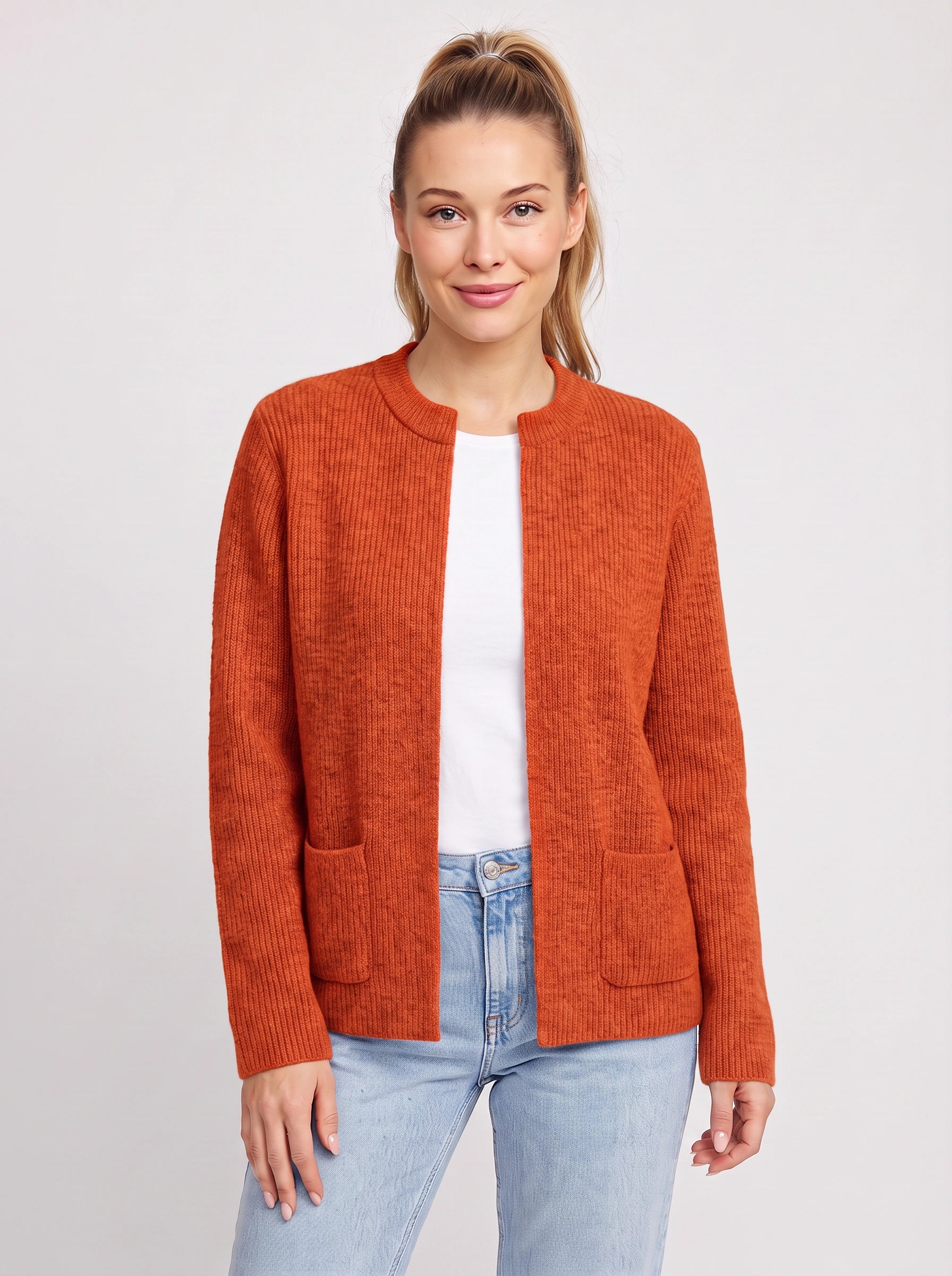 Costella Ribbed Knit Cardigan – Women Crew Neck Open Front Pockets Casual Office Cardigan Sweater